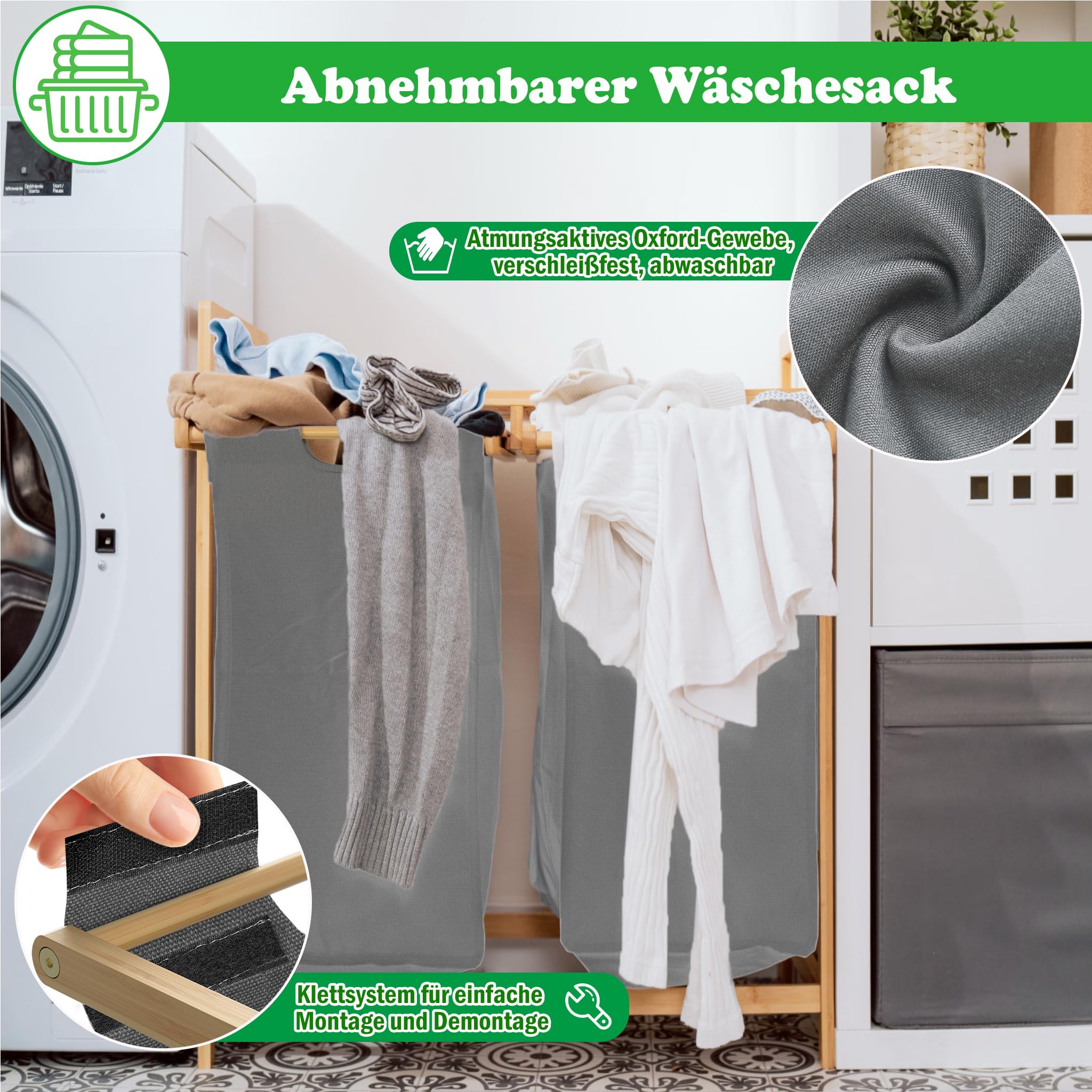 SUBTLETY 2x36L Wäschekorb aus Oxford-Gewebe 2 Fächer Abnehmbar Wäschesammler mit Ablage & Bambusrahmen Wäschesack Ausziehbar Wäschesortierer Effiziente Wäscheaufbewahrung für Waschküche (Beige)