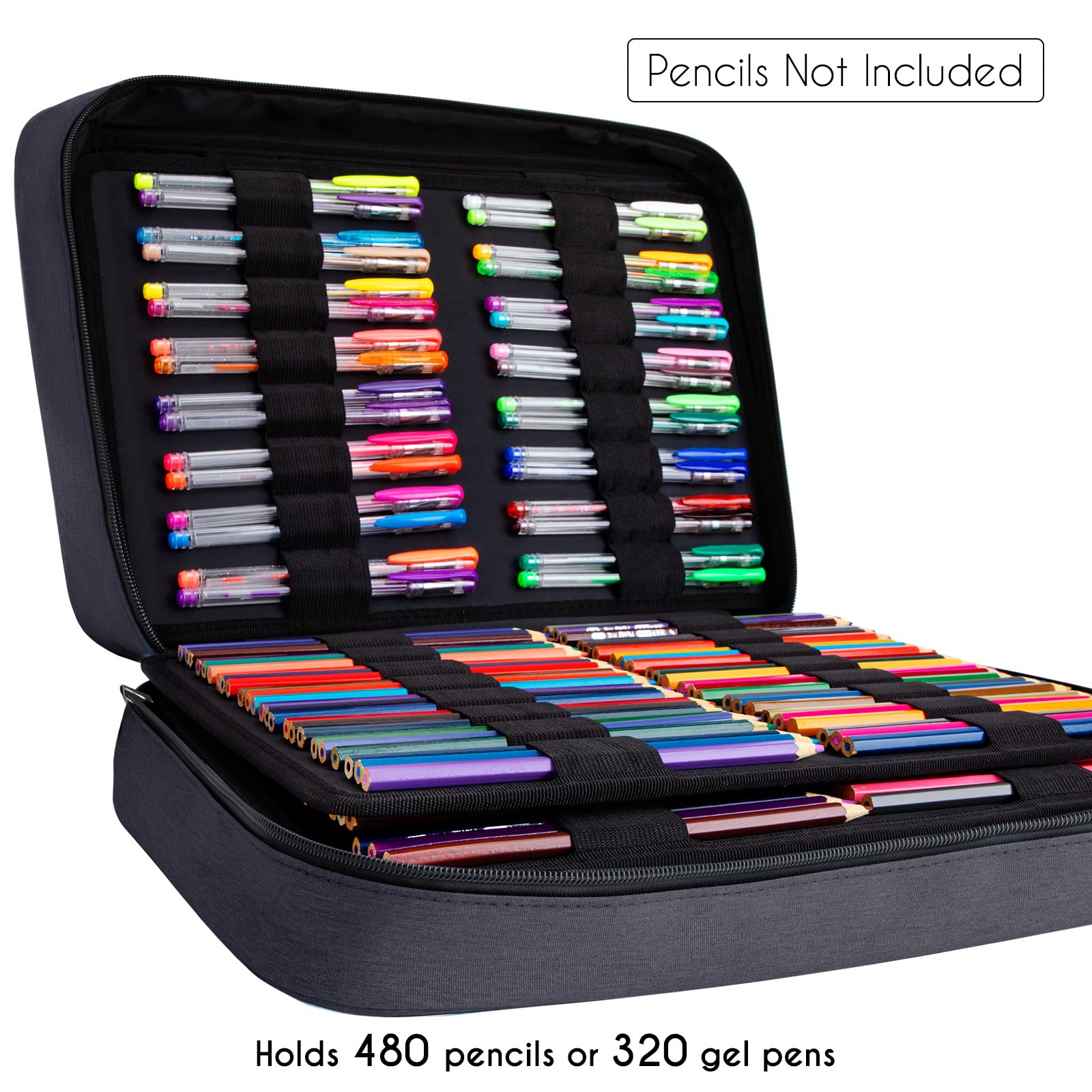 YOUSHARES Farbiges Federmäppchen mit großer Kapazität – 480 Fächer, großes Federmäppchen mit mehrlagiger Halterung für Prismacolor Buntstifte und Gelschreiber, Schwarz, Travel