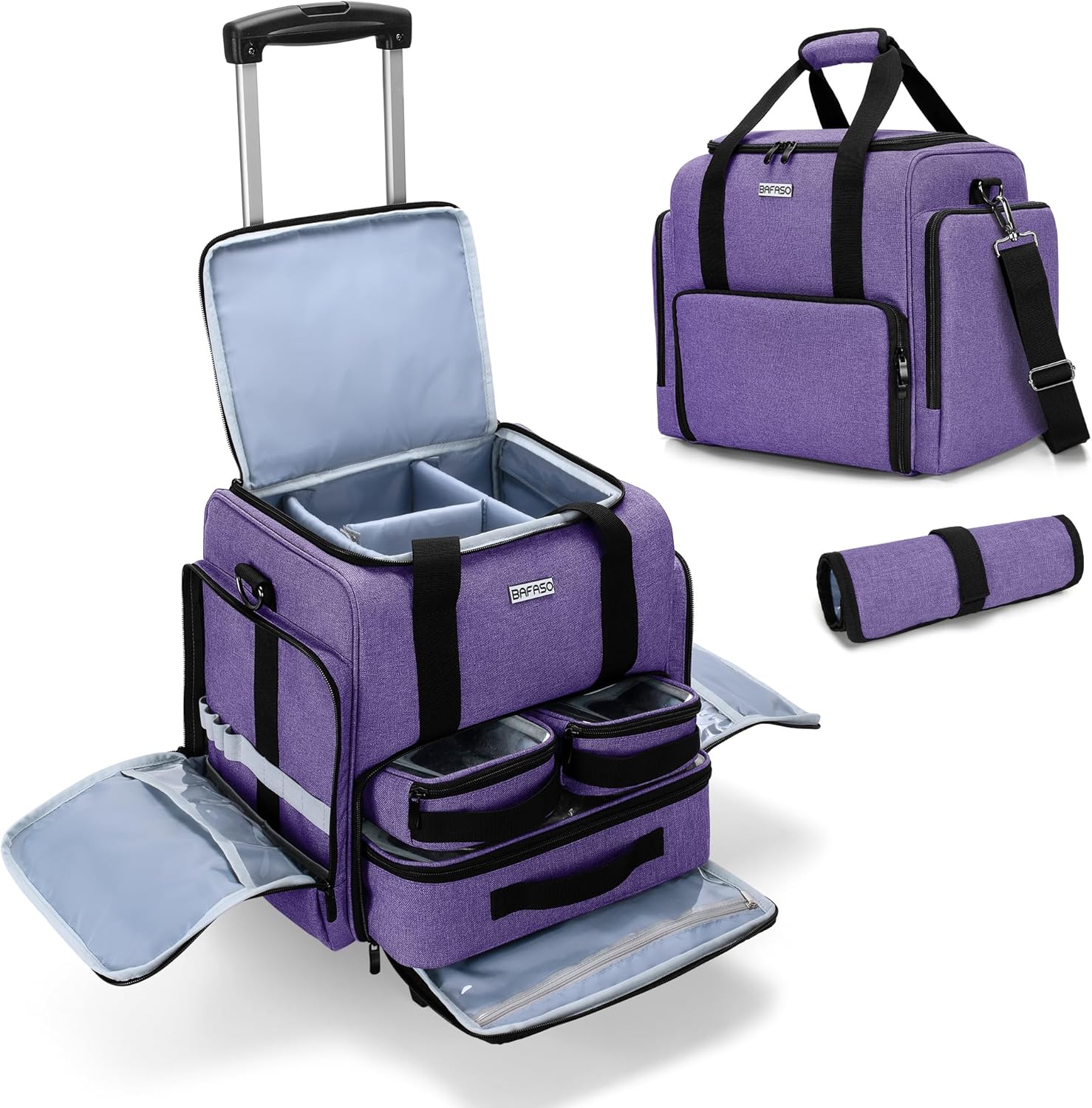 BAFASO Rolling Makeup Case with 3 Removable Pouches and 1 Makeup Brush Bag, Professional Makeup Train Case Cosmetic Bag with Detachable Dolly (Patented), Purple