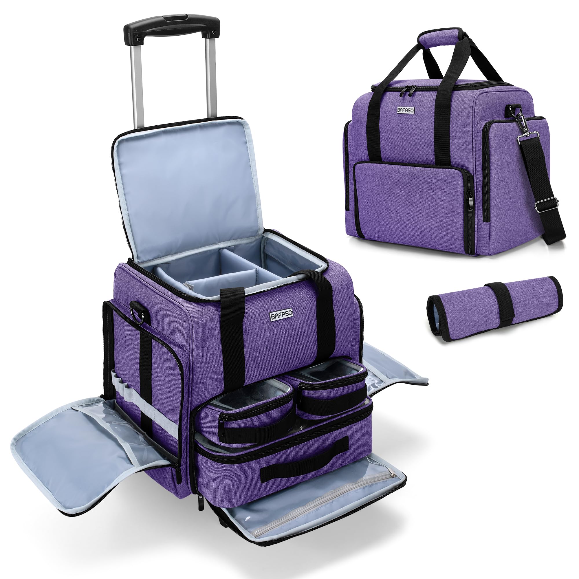 BAFASO Kosmetikkoffer Trolley, Make up Koffer Groß, Schminkkoffer Damen mit Rollen, Abnehmbar Kosmetikkoffer Trolley für Make up, Lila