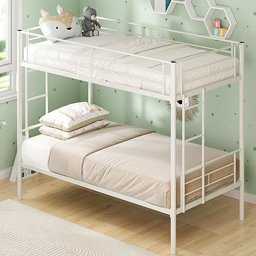 Twin Over Twin Bunk Bed, Metal Bunkbed with 2 Side Ladders, Full Length Upper Bed, Sturdy Metal Frame Support, No Box Spring Needed, Noiseless, White