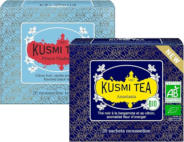 Kusmi Tea - Anastasia and Prince Vladimir Organic Black Tea - Organic Earl Gray Black Tea - Pack of 2-2x20 Muslin Tea Bags - About 40 cups