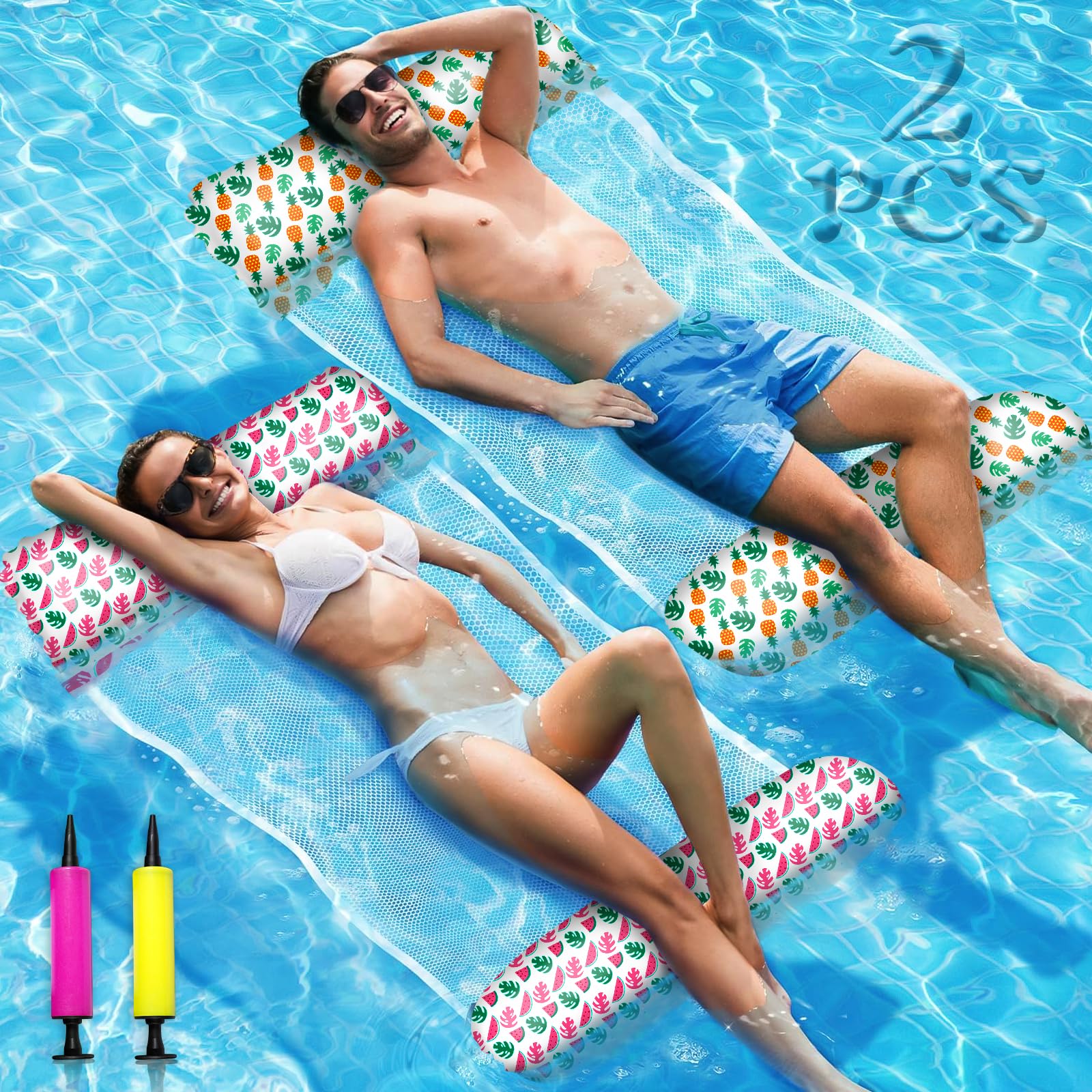 MULEVIP Colchoneta Piscina Adultos 2PCS Hamaca Piscina, 4 en 1 Hamaca de Agua con 2 Bomba de Aire,Hamaca Flotante para Piscina,Multi-Propósito Tumbona Piscina Flotador de Agua Portátil para Piscina