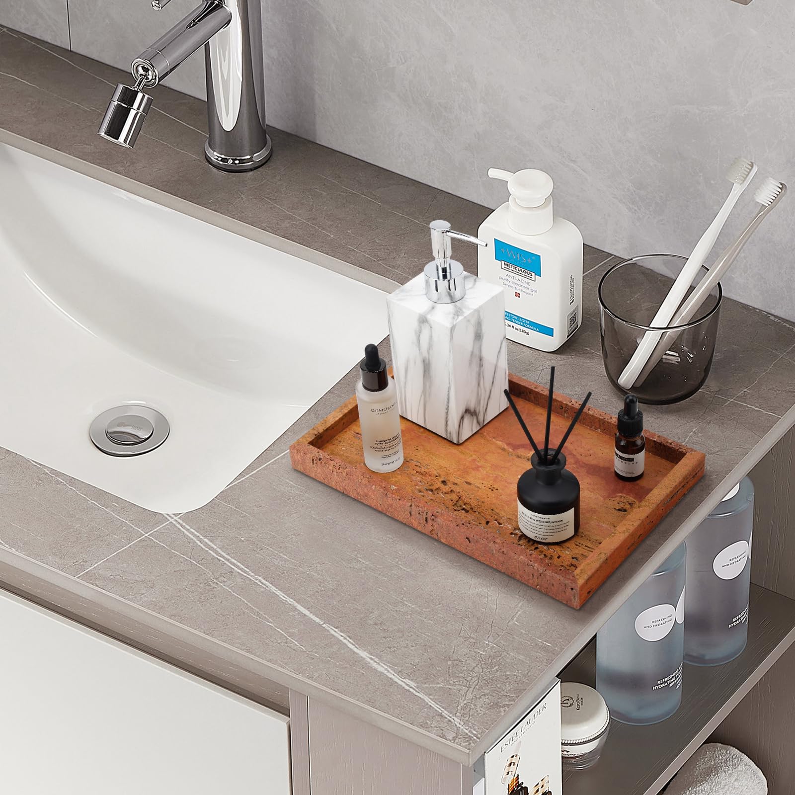 Vassoio in vero marmo naturale per bagno, vanità, bancone della cucina e scrivania | Marmo rettangolare in vera pietra per decorazione domestica, ideale per gioielli, cosmetici, candele, lozioni e profumi