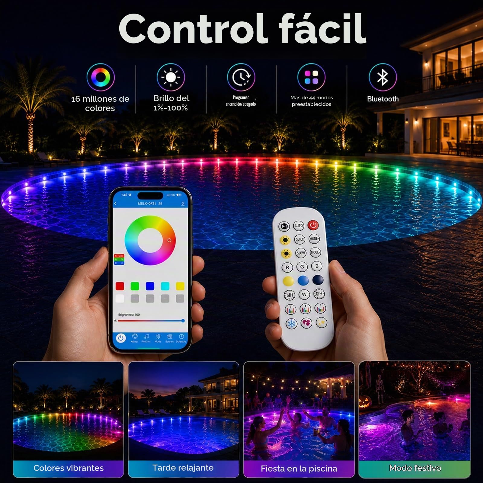 luz piscina RGBIC 25m, 16u con forma de pez, App + mando, luces piscina sumergibles led IP68 24V, efectos dinámicos musicales, instalación sin obras para piscinas enterradas y desmontables