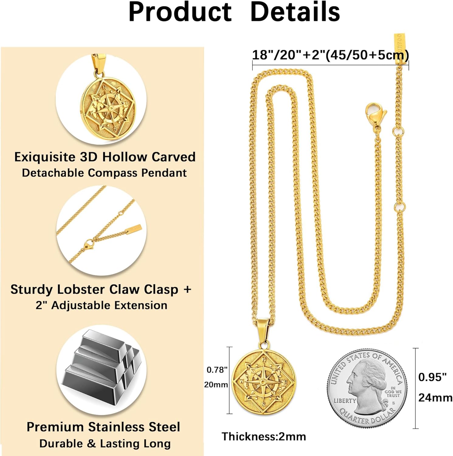 murtoo Compass Pendant Necklace for Men, Gold Silver Stainless Steel Mens Compass Necklaces, Stylish Jewelry Gift for Men Him Her