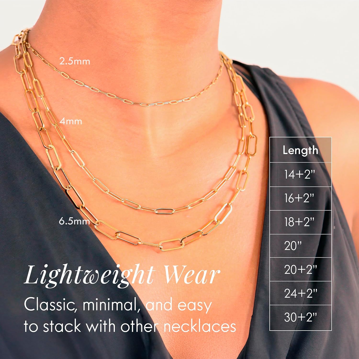 Destin Jewelry Paperclip Chain Necklace for Women, Waterproof 18K Gold Plated Stainless Steel, Hypoallergenic, Adjustable Layering Chain, Tarnish-Resistant, 2.5–6.5mm