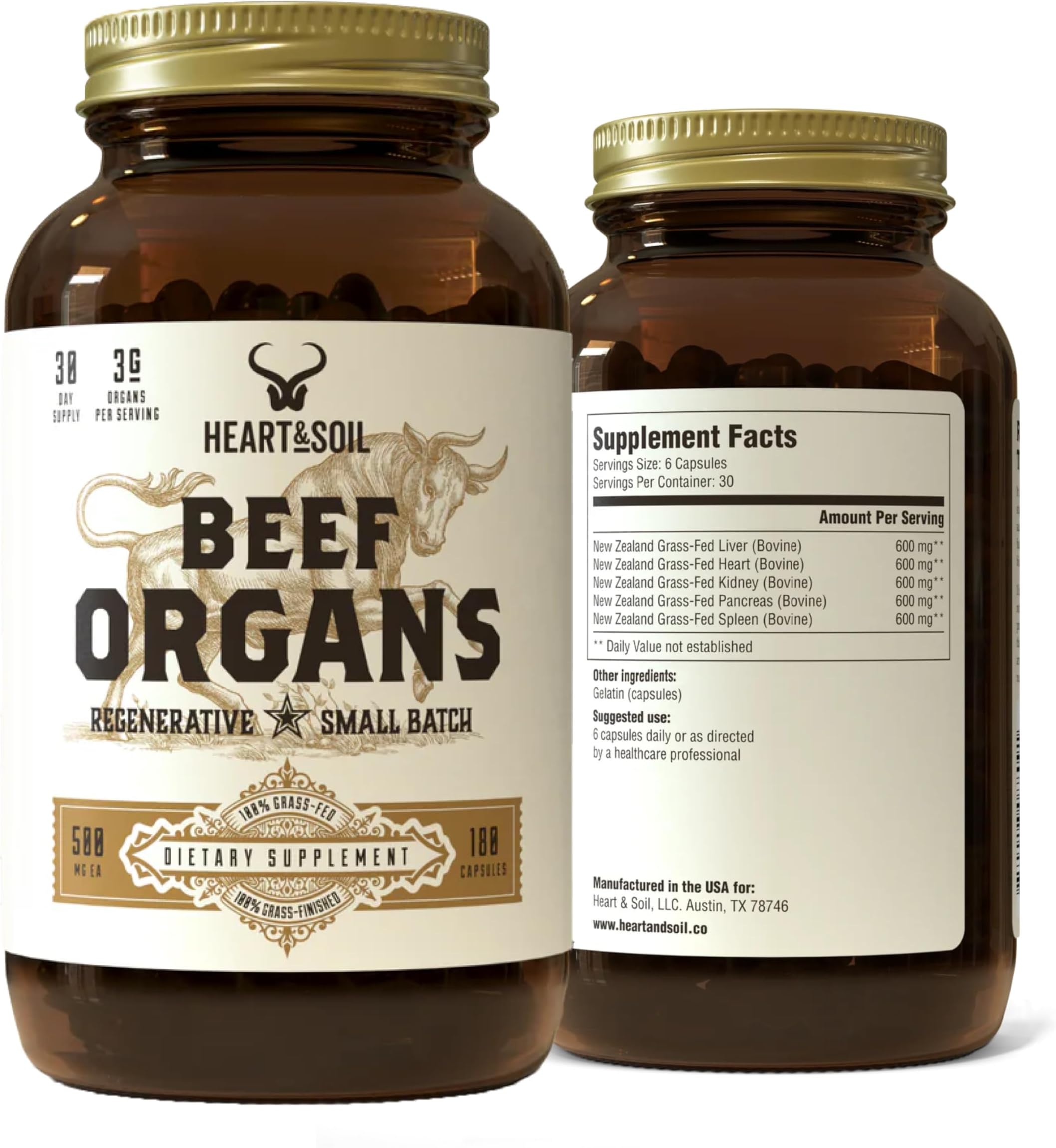 HEART & SOIL Beef Organs Complex — Grass Fed Liver, Heart, Kidney, Pancreas, and Spleen for Complete Nose to Tail Nutrition (180 Capsules)