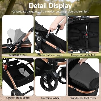 Baby Stroller, 2 in 1 Convertible Bassinet Mode Newborn to Toddler | Reversible Seat UPF Canopy, Shock Absorption Infant Stroller with Five-Point Harness, for Daily Strolls Travel Shopping (Black)