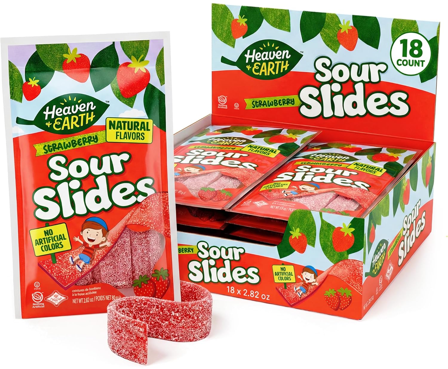 Heaven & Earth Strawberry Sour Slides Candy, 2.8 oz (18 Pack - 3LB) | Sour Belts | Natural Flavors, No Artificial Colors | Made with Real Fruit Juice | Chewy, Sour Candy Strip
