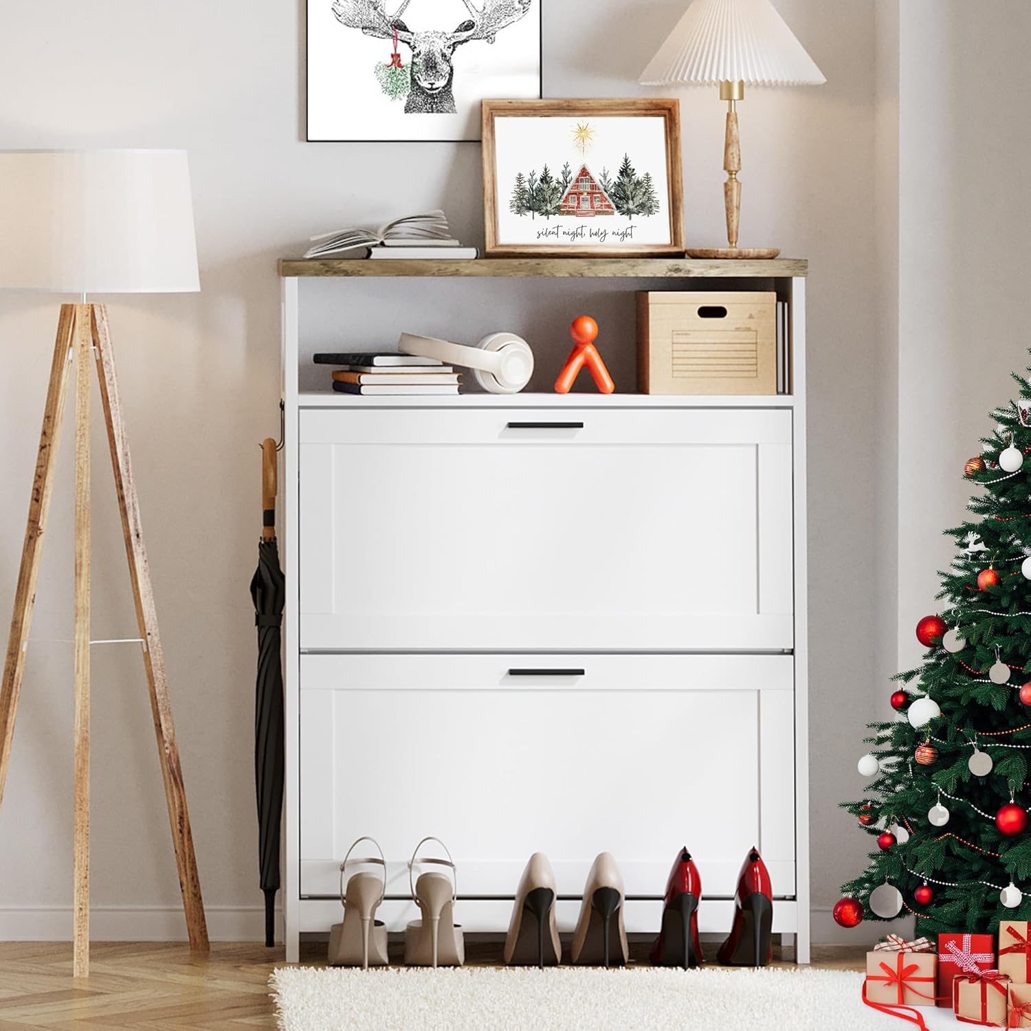 NUNU LAB Shoe Storage Cabinet for Entryway with 2 Flip Drawers & Adjustable Shelf, Space-Saving Narrow Shoe Organizer for Entryway, Hallway, Front Door – Holds 12+ Pairs