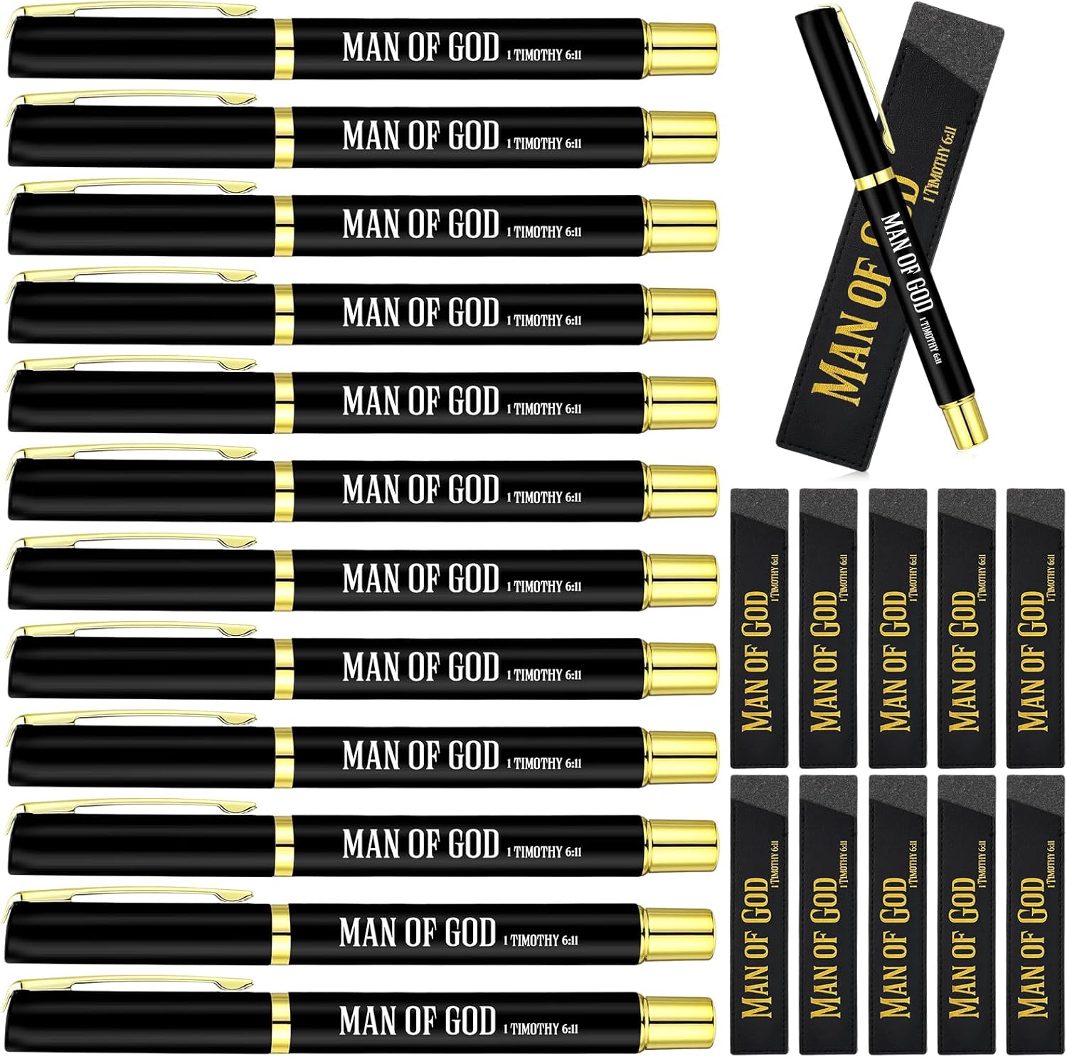 Spakon 40 Sets Christmas Christian Gifts Bulk Man of God Pen for Men Bible Verse Pens with Leather Pen Holder Sleeve Faith Based Gifts Baptism Church Party Favor for Dad Pastor