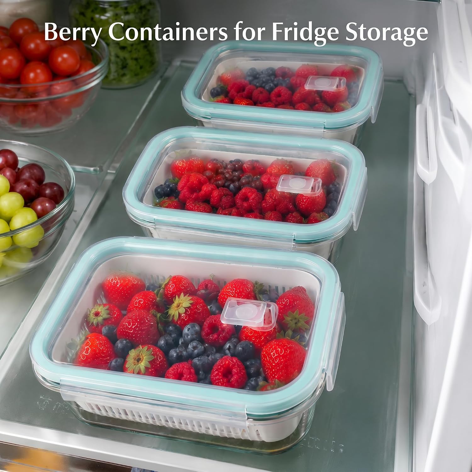 4 Pack glass Berry storage containers for fridge with Removable Colander and Vent Valve, Fresh fruit Produce Storage Set（blue）