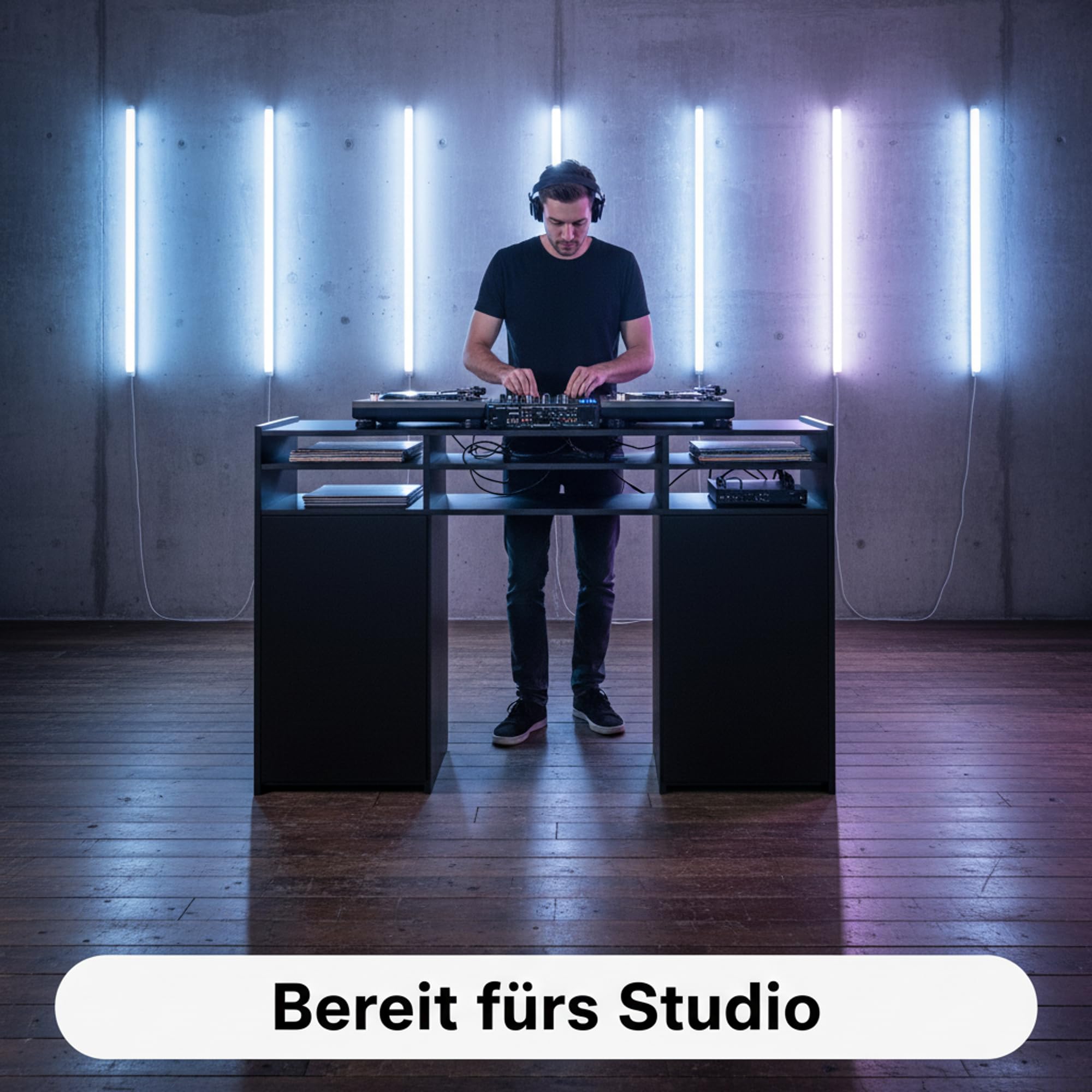 Zomo Deck Stand Vegas – DJ Tisch 130 x 40 x 97 cm – Schwarz - MDF Holz – 2 Ebenen mit 19 Zoll Rack und Vinylaufbewahrung - Platz für 2 Decks und einen Mixer