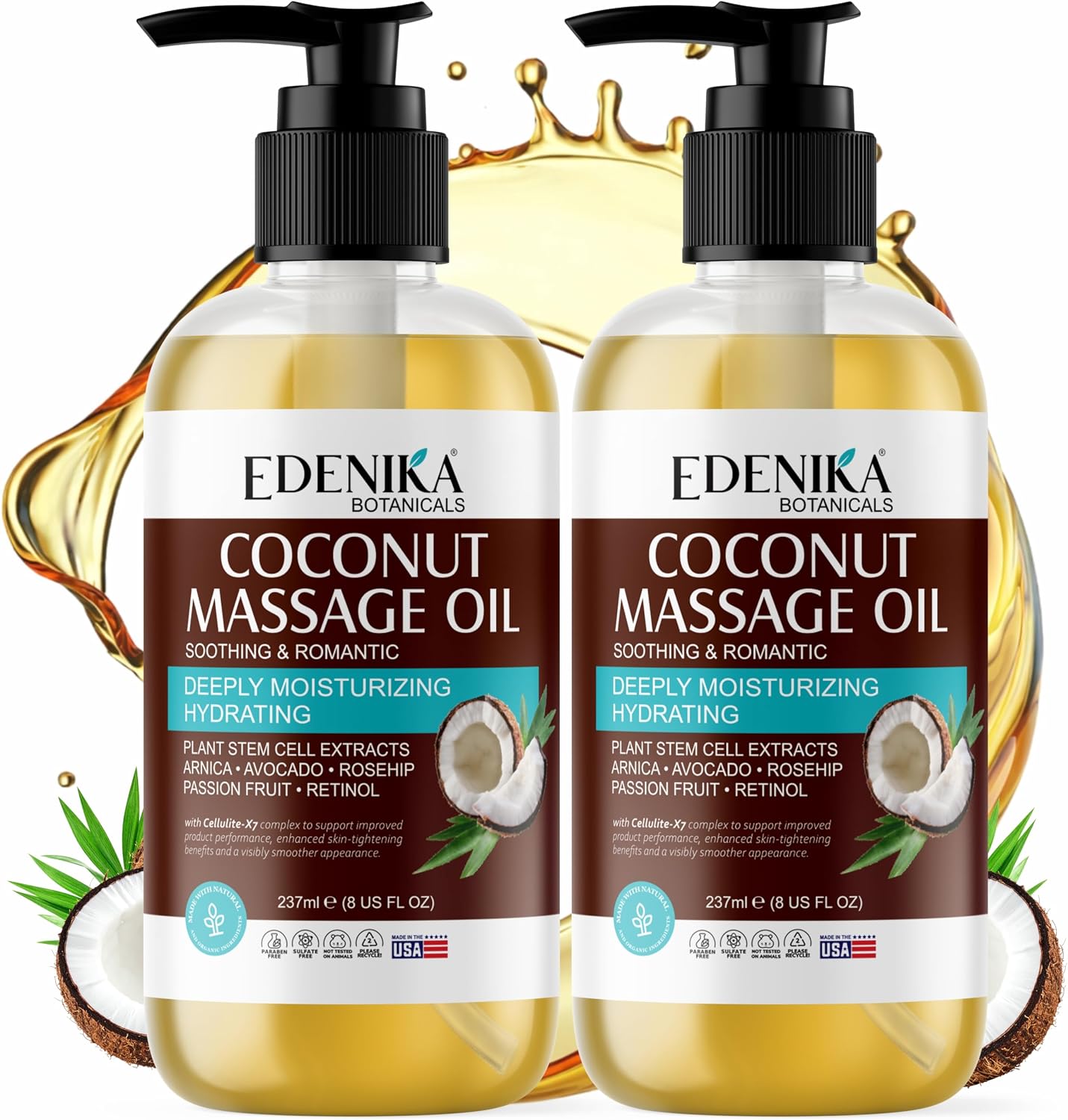 Edenika Botanicals Tropical Coconut Massage Oil for Massage Therapy, Soothing Massage Oil with Coconut & Passion Fruit Oil for Muscle Relaxing, Skin Moisturizing & Hydrating, 8 fl oz