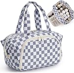 Narwey Wide-Open Sac de toilette Femmes, Sac de voyage rayé, Grand maquillage Cosmétiques Sac Organisateur avec poche humide pour les produits de toilette essentiels de taille Voyage (Greyish Blue Stripe)