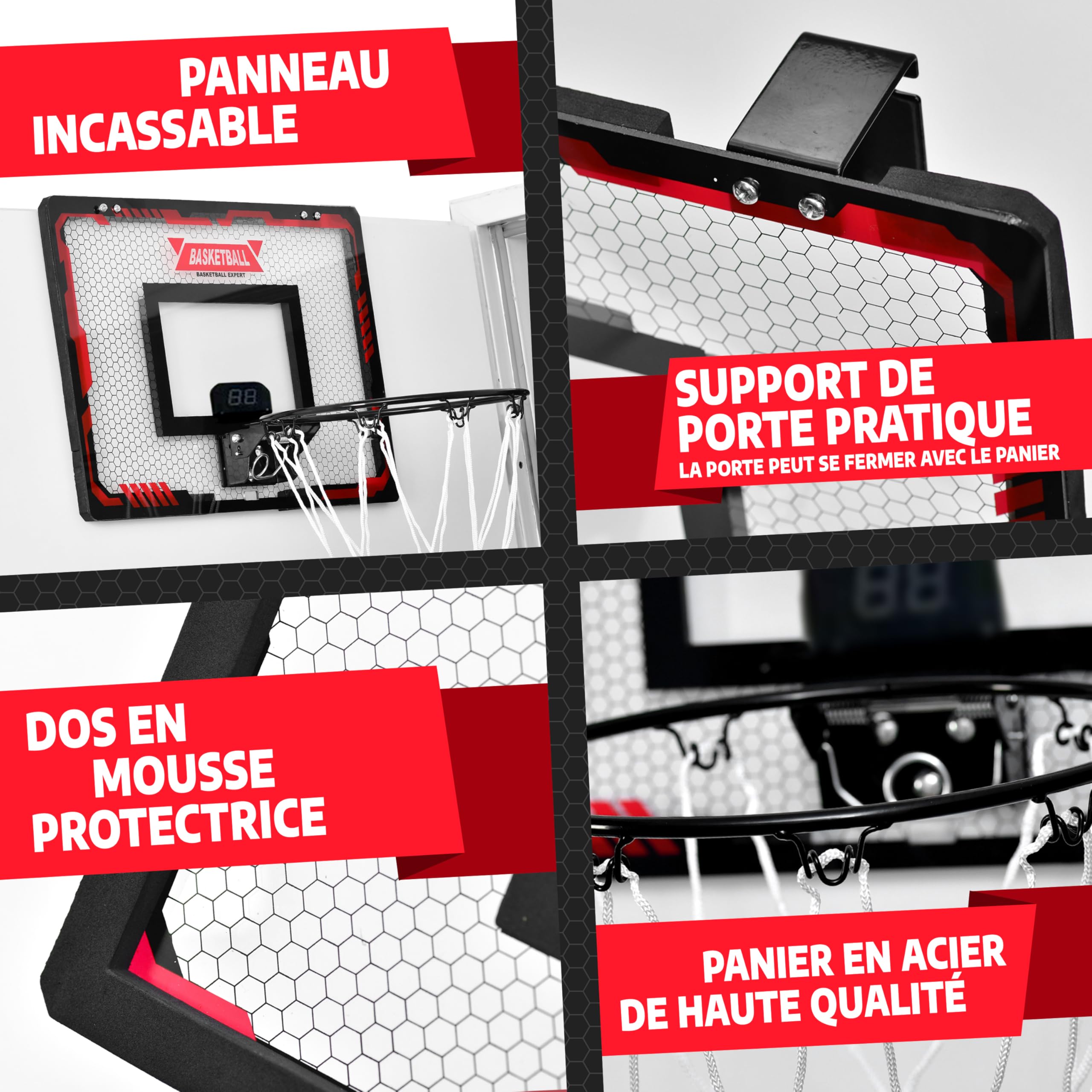 VALENESS® Mini Panier de Basketball Intérieur [pour Porte & Mur] - Petit Panier de Basket avec Fonction Dunk, 4 Ballons, Pompe & Accessoires de Fixation - pour Enfants et Adultes