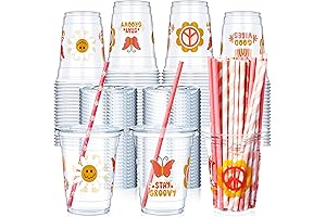 300 Pcs Groovy Disposable Plastic Cups with Lids and Straws: Perfect for Your Hippie Bash!