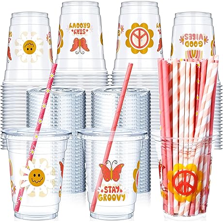 300 Pcs Groovy Disposable Plastic Cups with Lids and Straws: Perfect for Your Hippie Bash!