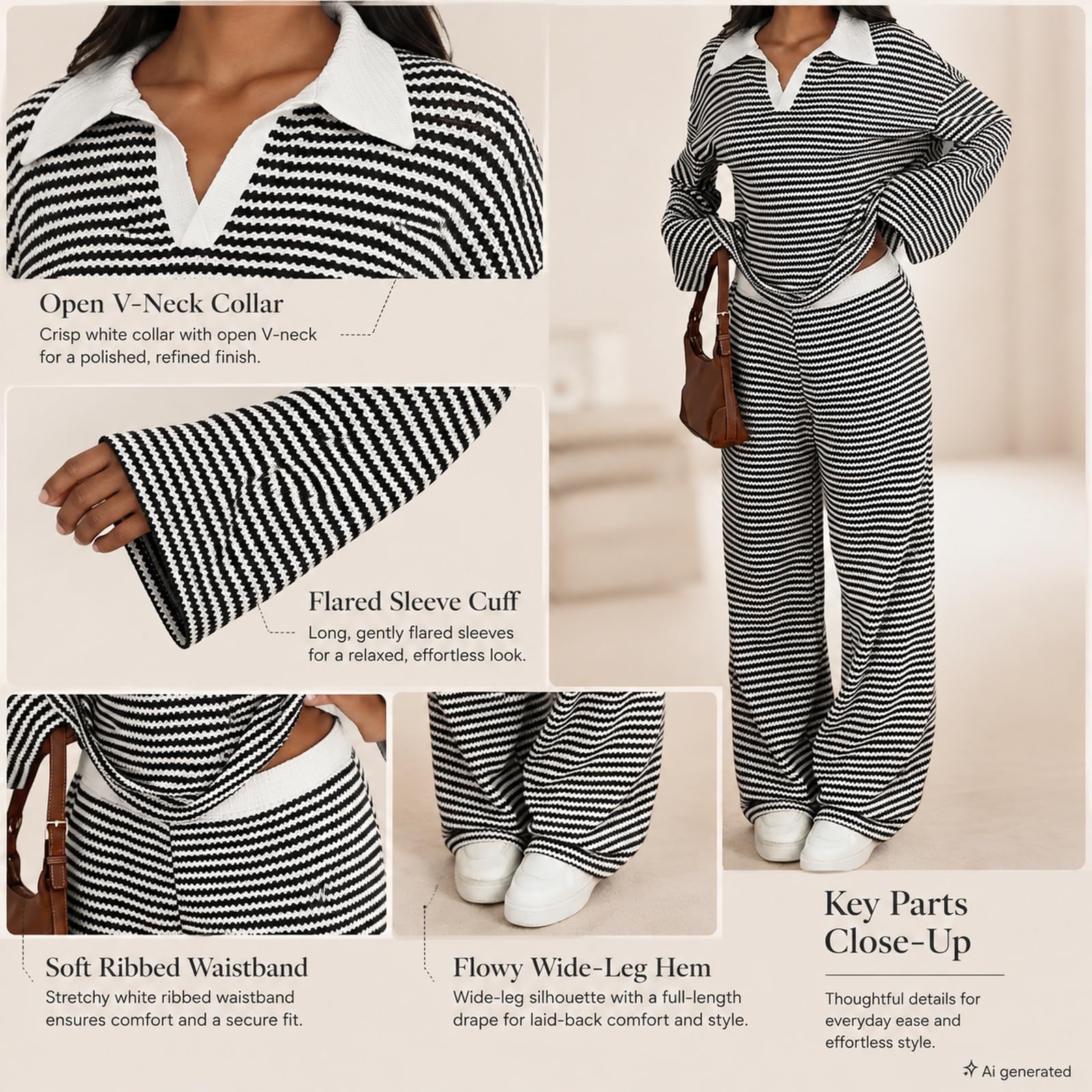 Set coordinato da donna a righe con colletto a polo a maniche lunghe e