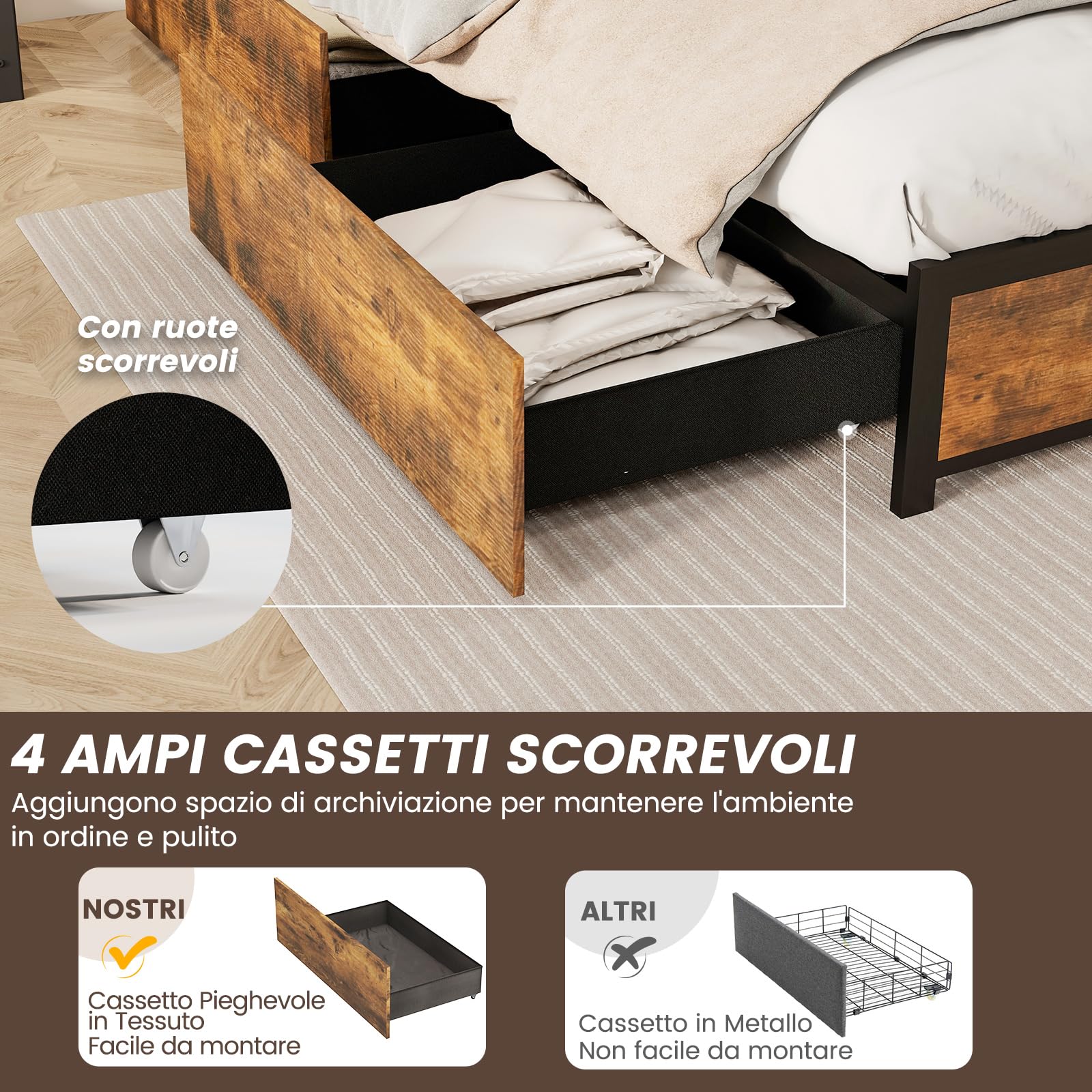 COSTWAY Letto Matrimoniale 160x200 cm, con 4 Cassetti e Testiera, Struttura Letto con Luci LED Regolabile e Presa Multipla, Carico Massimo 300kg, Silenzioso
