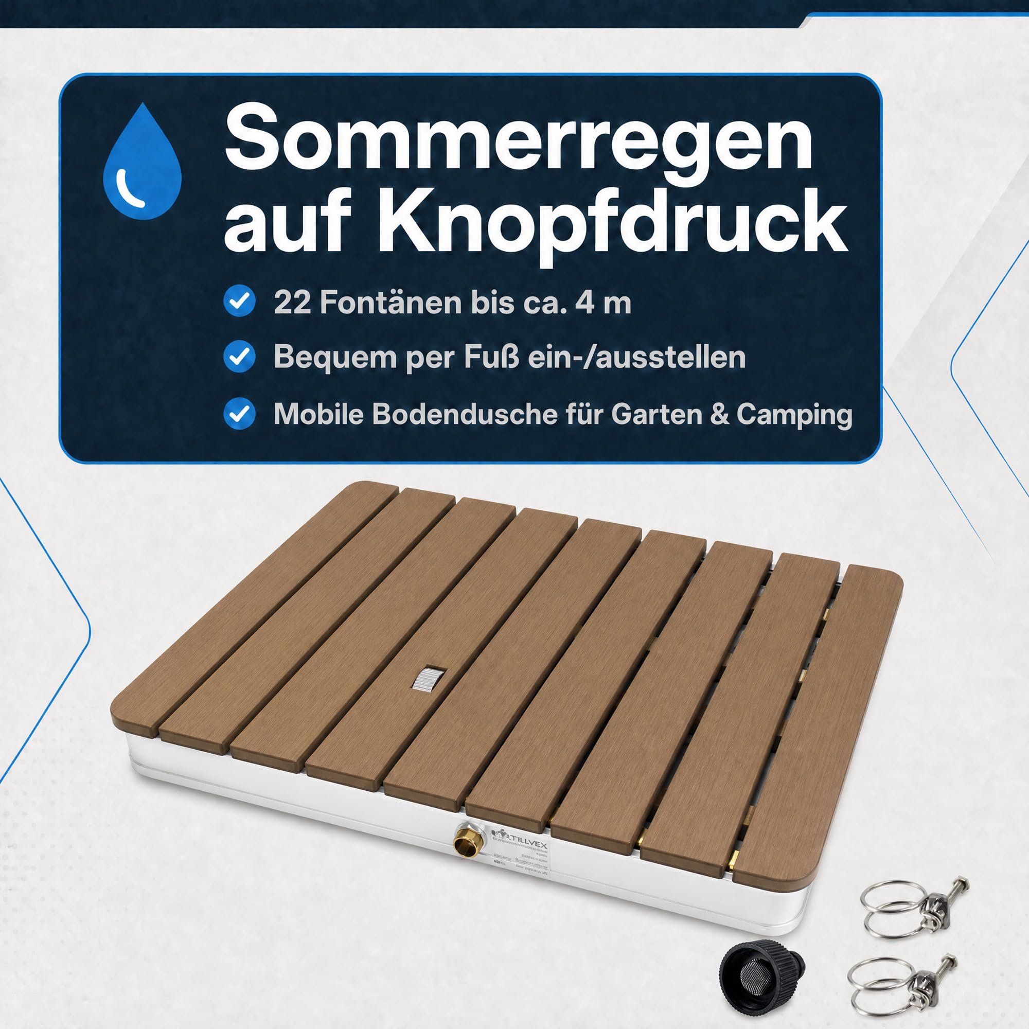 @tec Gartendusche, 70 x 55 cm, Bodendusche für Garten, Pool & Camping, WPC-Bodenplatte mit 22 Fontänen, Fußventil mit Stellrad, 3/4-Zoll Schlauchanschluss, mobil, bis 120 kg