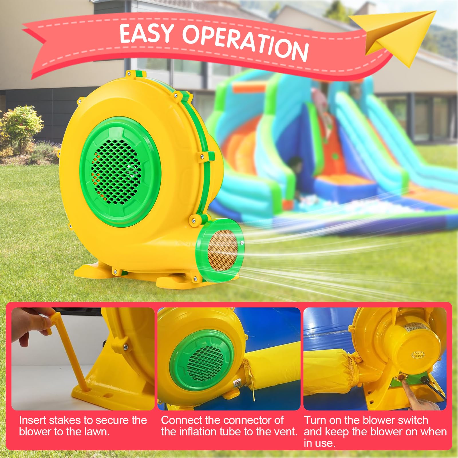 750W Soplador Eléctrico y Bomba de Aire con Mango y Estacas, Ventilador de Extracción Comercial para Castillo Hinchable, Castillo Inflable, Tobogán de Agua