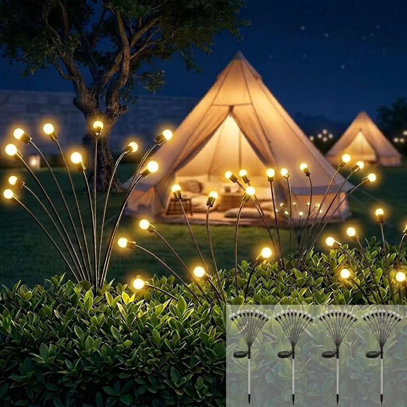 Luces Solares Luciérnaga Exterior Jardín, 4 Piezas 10 LED Lámparas Solares Oscilantes con el Viento, Luces Solares Impermeables IP65 Decoración para Patio, Césped, Balcón (Blanco Cálido)