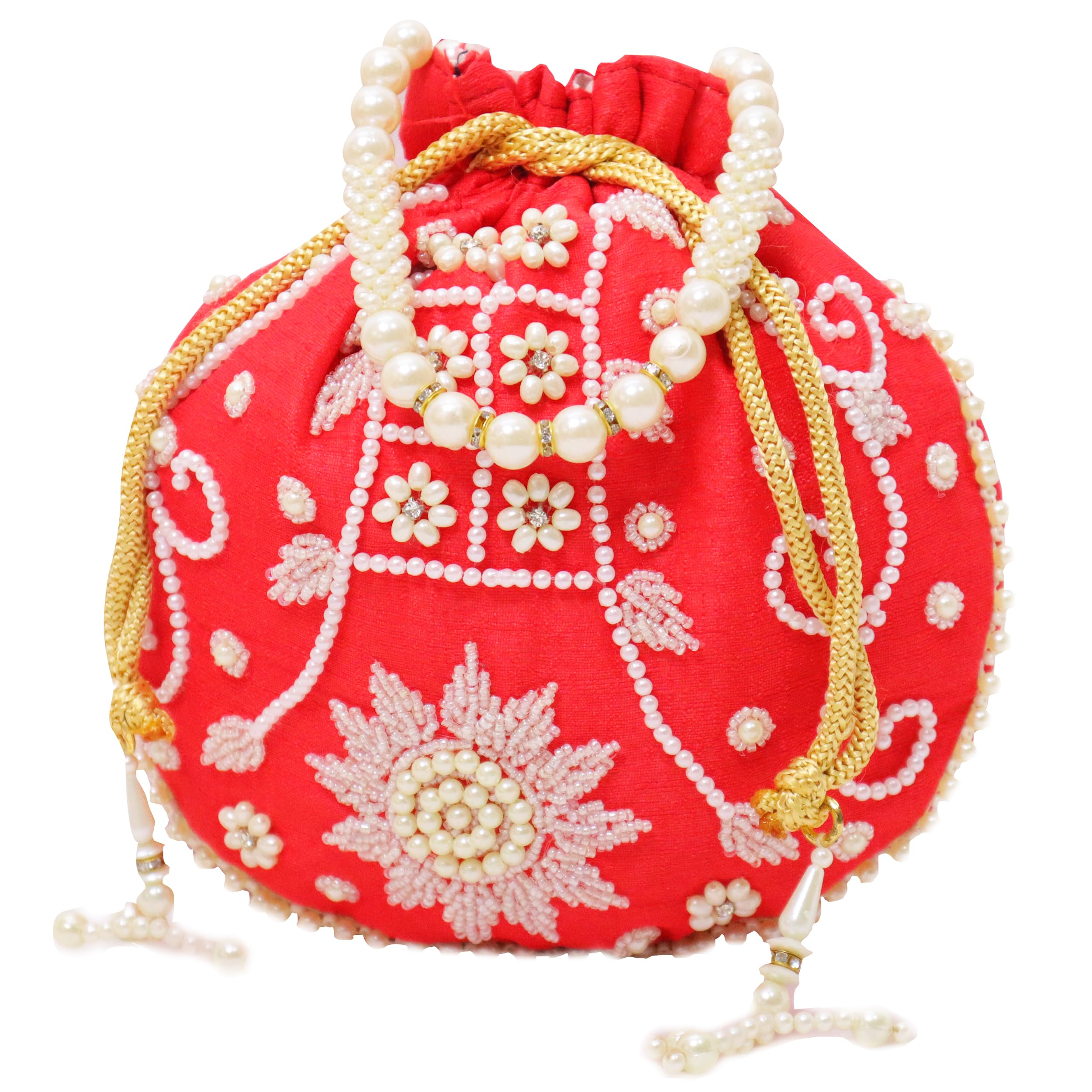 TrendiflyEmbroidered Pearl Handle Potli Indian Women Handmade Artisian Handbag Potli Bag for Wedding Evening Parties for Bridal Wristlets Clutch Bag Wallet