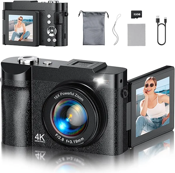 4K Digital Camera for Photography, 50MP Vlogging Camera for YouTube, Compact Cameras with 2.8" 180° Flip Screen, 16X Digital Zoom, Point and Shoot Camera with 32GB SD for Beginners, Travel, Family