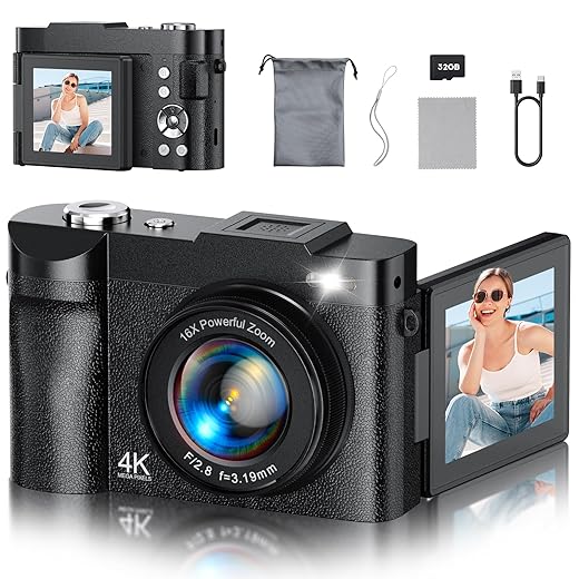 4K Digital Camera for Photography, 50MP Vlogging Camera for YouTube, Compact Cameras with 2.8" 180° Flip Screen, 16X Digital Zoom, Point and Shoot Camera with 32GB SD for Beginners, Travel, Family