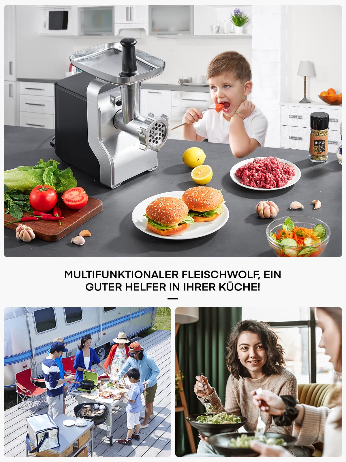 Fleischwolf Elektrisch, HOUSNAT 5 in 1 Elektrischer Fleischwolf, 700W 2800W Max Blockierleistung, mit 3 Edelstahl Loch-Scheiben(3/5/7mm) & 4 Kegel-Klingen, Wurstaufsatz, Kubbe-Aufsatz, Schwarz