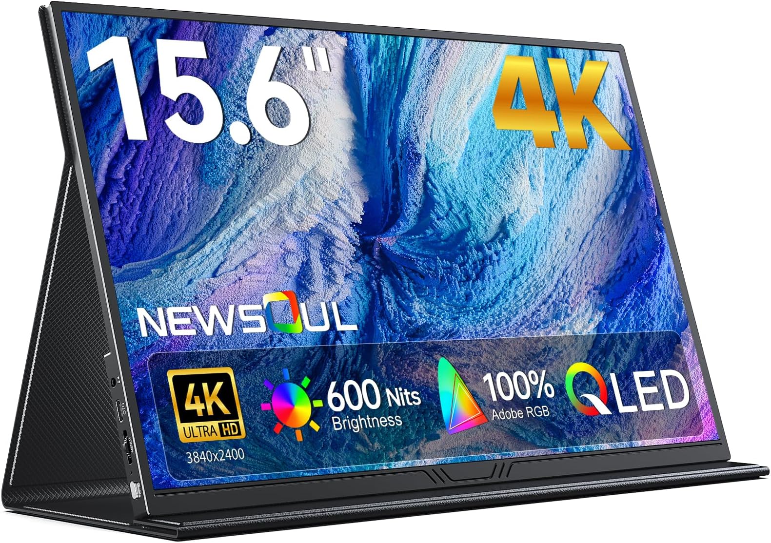 Newsoul 15.6" 4K QLED Portable Monitor, UHD 3840x2400 600 Nits 100% AdobeRGB, USB-C HDMI HDR FreeSync, Second Screen for Laptop MacBook PC Game Consoles, VESA Mountable Travel Monitor with Speakers