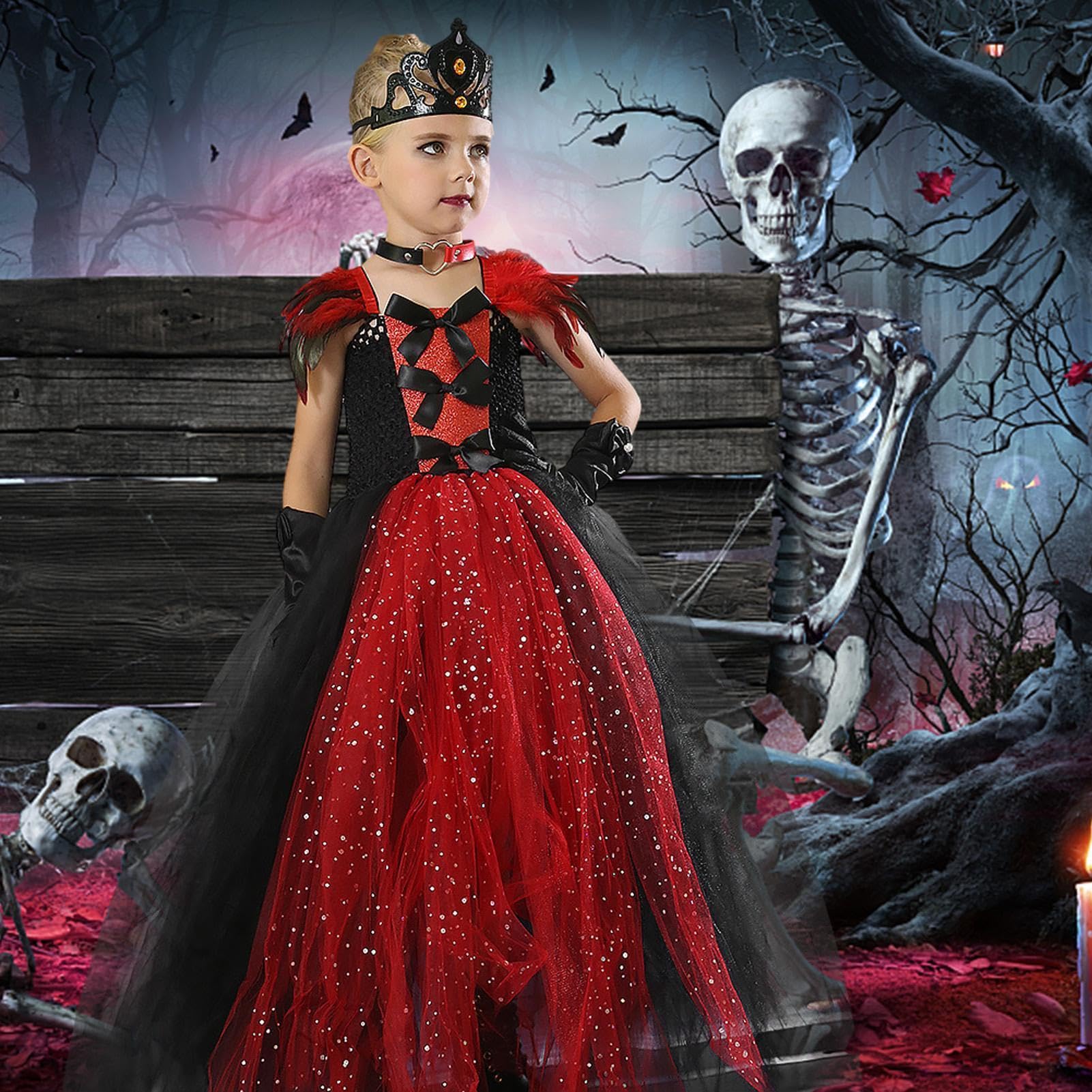 Abito Da Vampiro Per Bambine Set Principessa Collana Clavicola Corona | Abito da Vampira per Bambini con Gonna in Tulle Per Bambini 2-12 Anni, Uso Quotidiano, Festa Dei Fantasmi E Di Ruolo