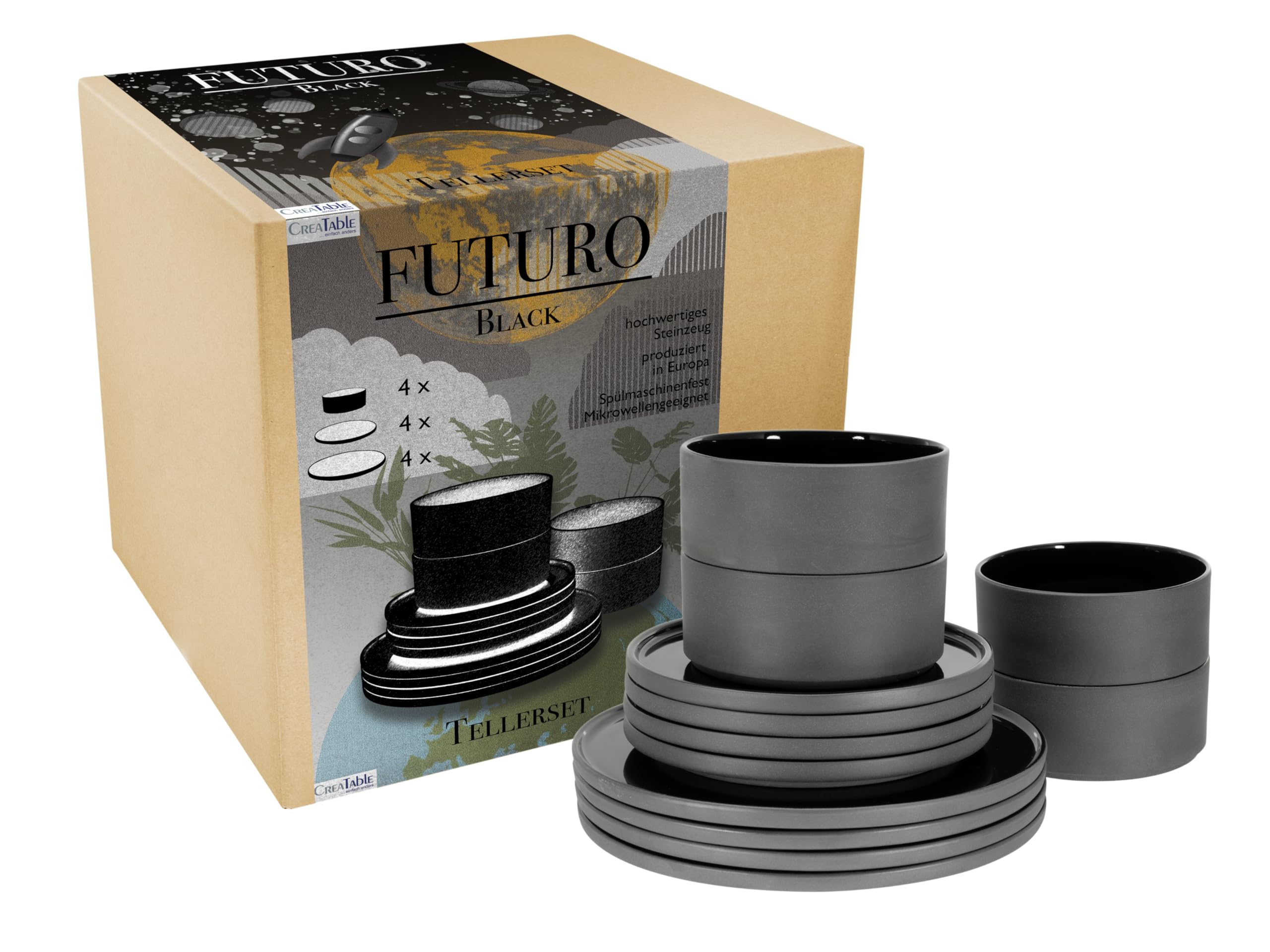 CreaTable, 21538, Serie Futuro, 12-teiliges Geschirrset für 4 Personen, Teller Set aus Steinzeug, spülmaschinen- und mikrowellengeeignet, Made in Europe