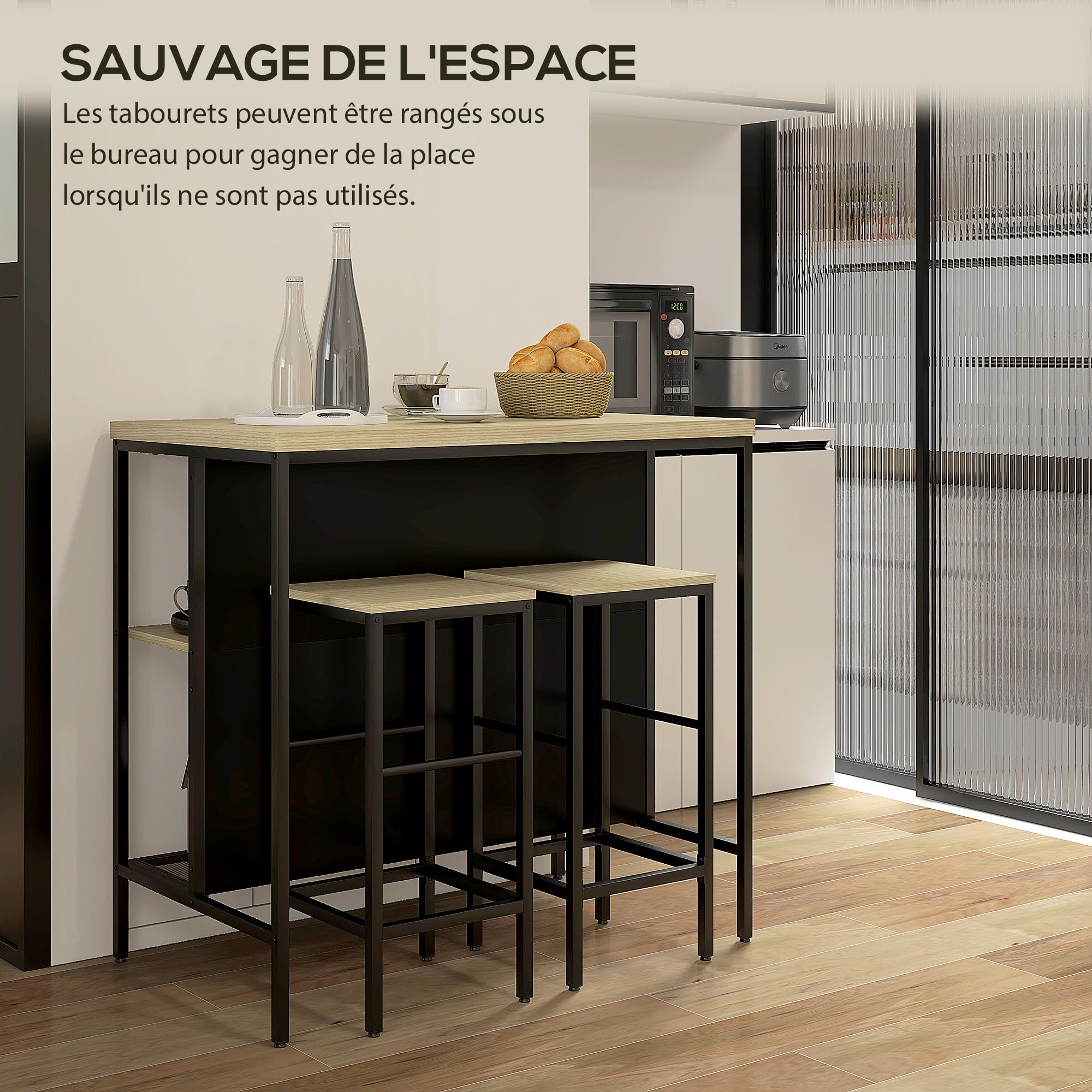 HOMCOM Ensemble Table de Bar et 2 tabourets avec Repose-Pieds, étagère de Rangement, Style Industriel, métal Noir et Aspect Bois