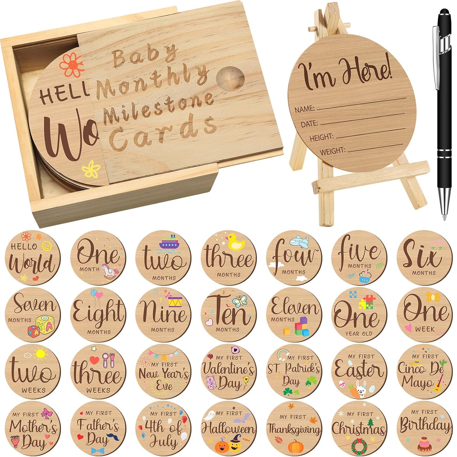Wesiti 31 Pcs Wooden Baby Monthly Milestone Cards Double Sided Hello World Milestone Discs Pregnancy Journey Birth Announcement Sign Baby Boy and Girl Sets (Novel)