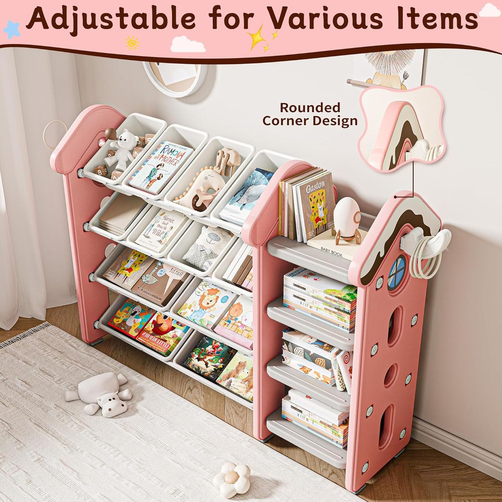Organisateur de rangement de jouets avec 12 bacs, bibliothèque à 4 niveaux, organisation de chambre d'enfant, assemblage facile pour chambre à coucher et décoration de salle de jeux