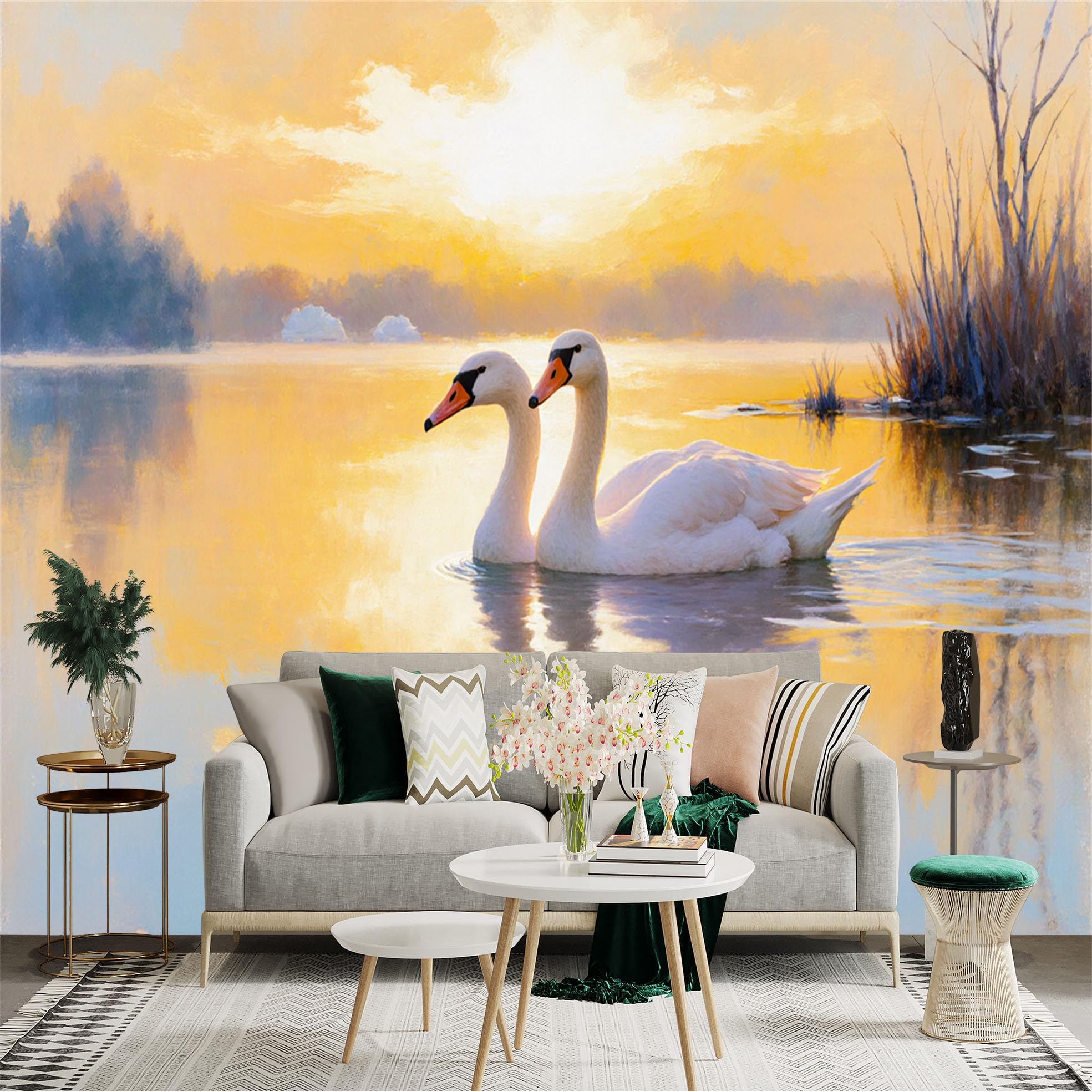 Lnzczhyre Xc260505267 Custom Size Wall Sticker Mural， Two Elegant White Swans On Calm Lake At Golden Sunset， Peaceful Nature Scenery， For Wall Decoration， Peelandstick Wall Decals.
