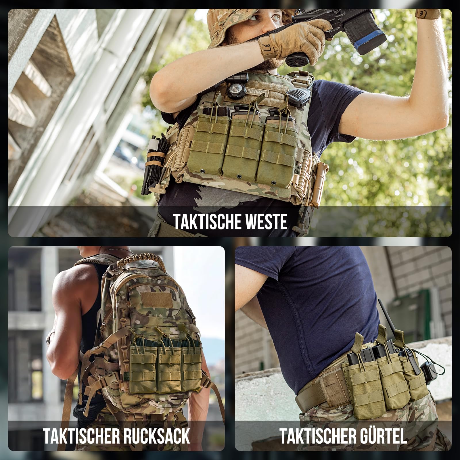 OneTigris MOLLE Magazintasche Dreifach für M4/AK47/G36 - Pistolen Magazinbeutel Kompatibel mit Taktischer Weste/Plattenträger | 1000D Nylon Airsoft mit Entwässerung (24x14x3cm)