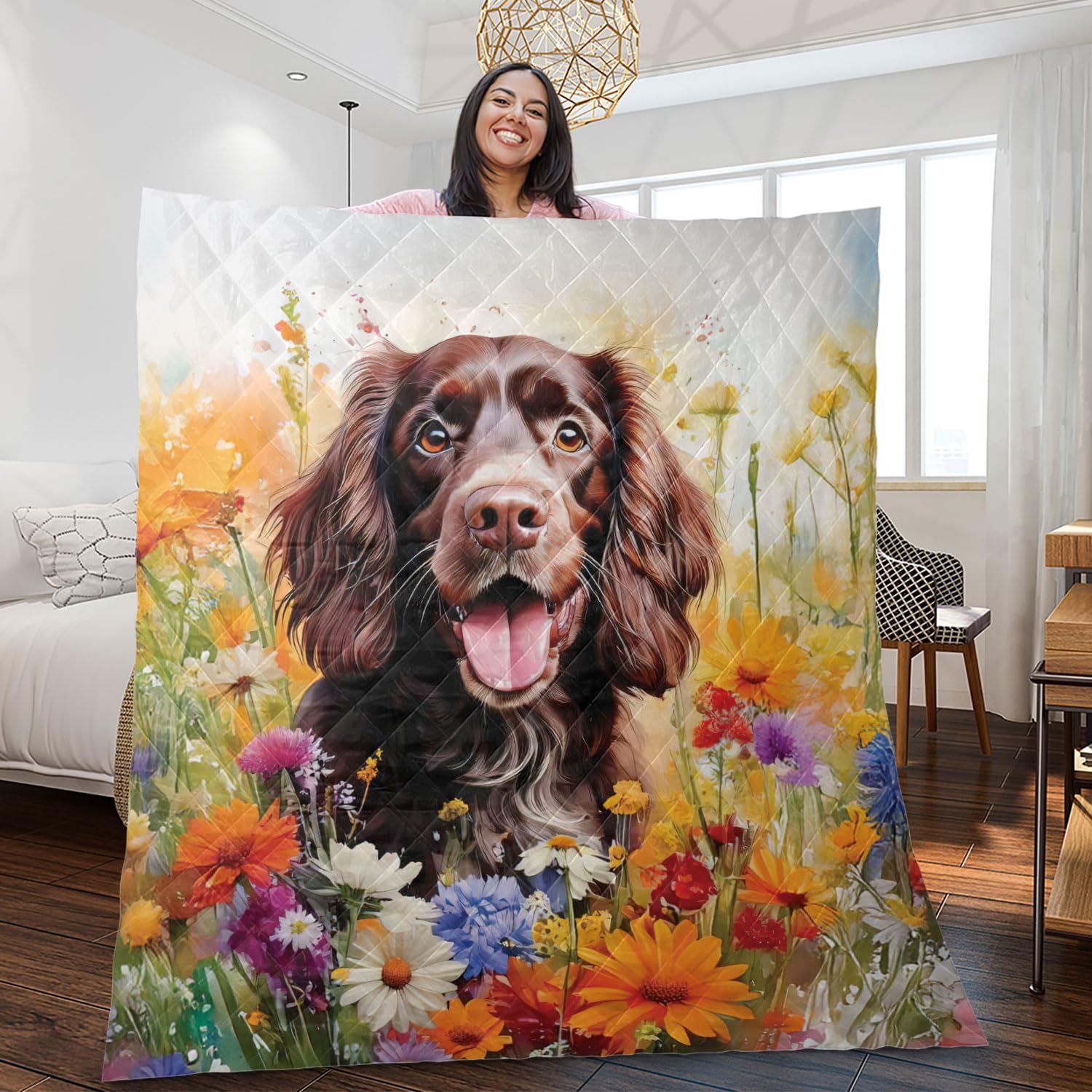Ninety3POD Welcome Spring Summer Boykin Spaniel Portrait Flower Blue Sky Quilt Blanket Dog Lover Cozy Comforter Throw Blanket 12001