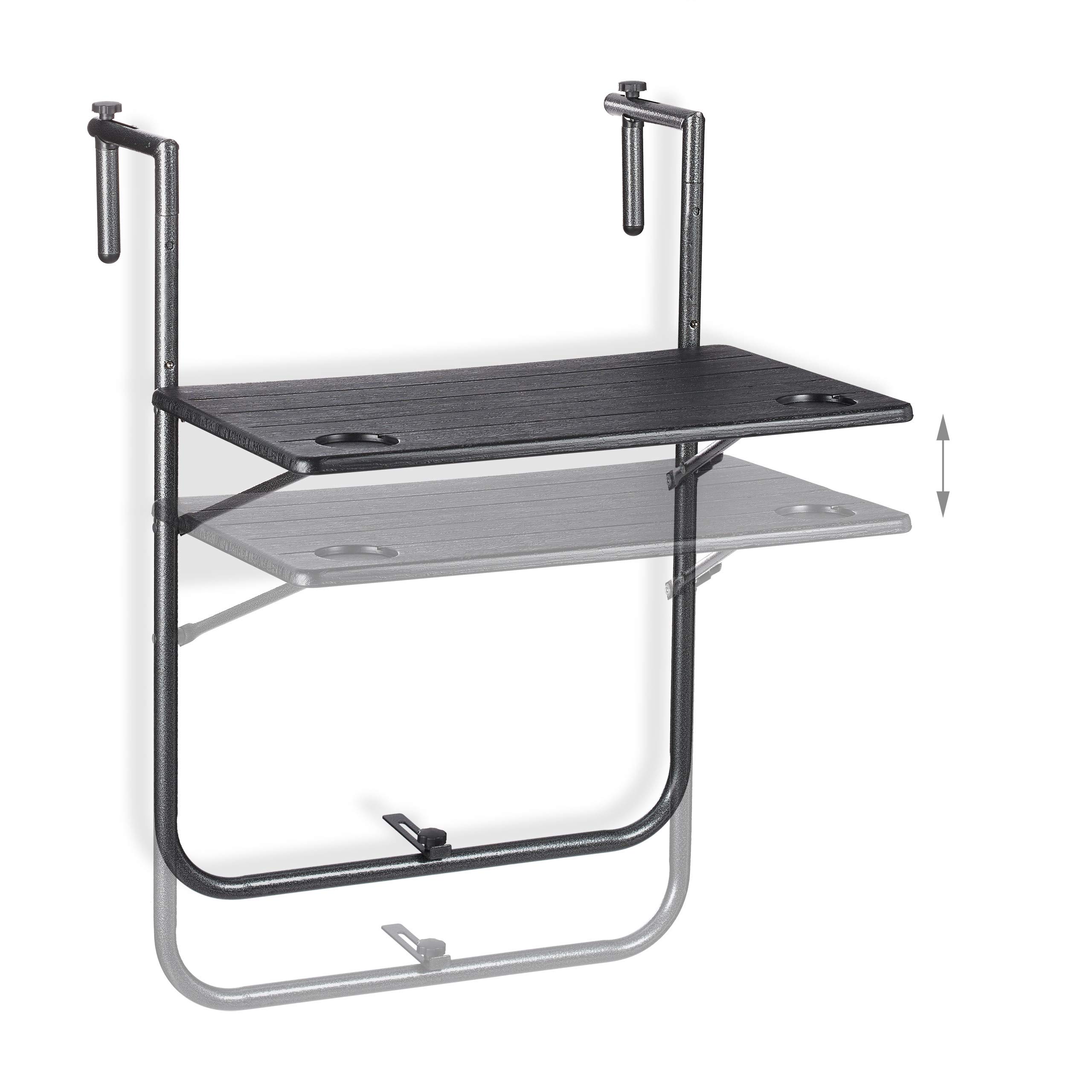 Relaxdays Tavolino Pieghevole per Balcone, 3 Altezze Regolabili, LxP 59,5 x 36, Appeso a Ringhiera, Effetto Legno, Nero