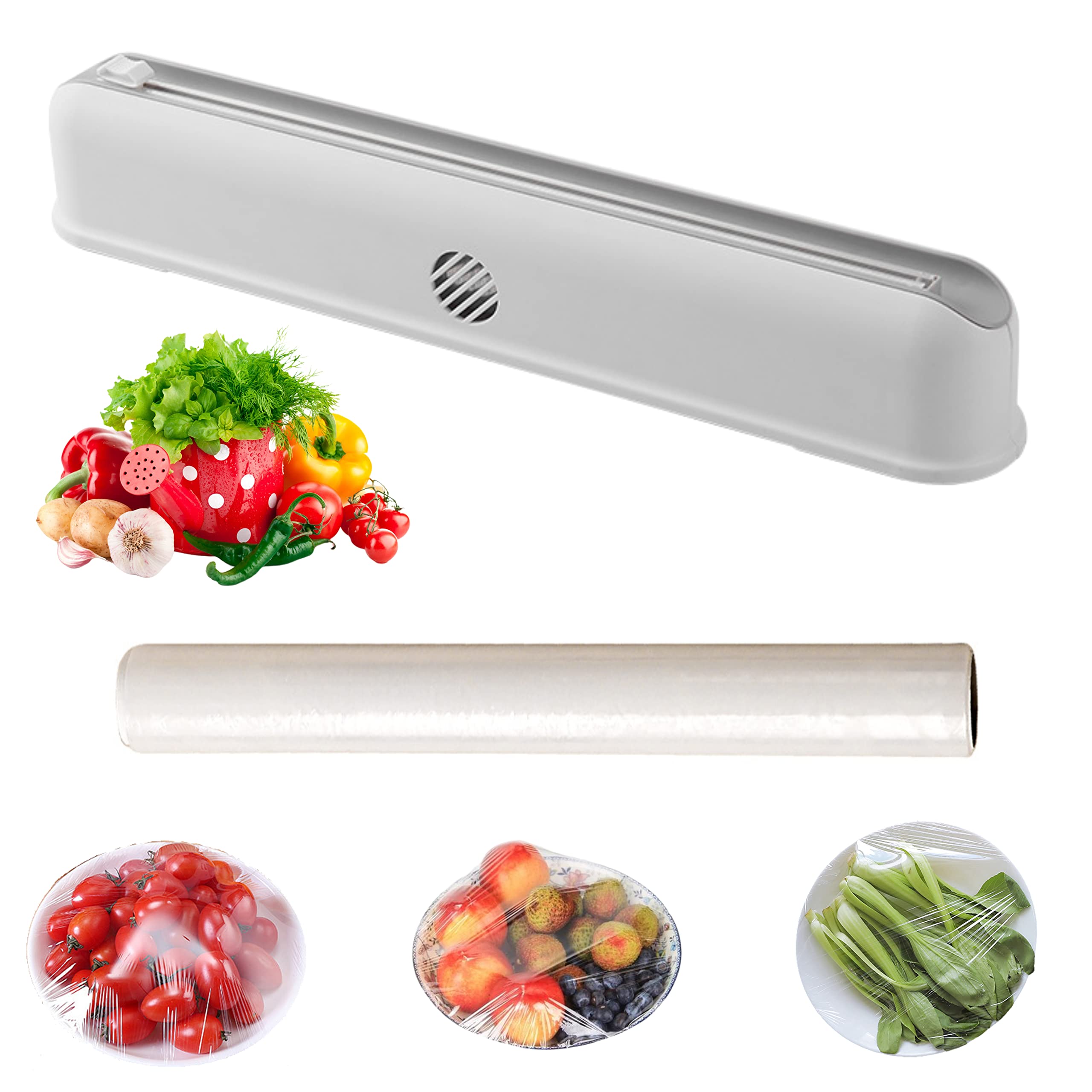 AlivoPlastic Wrap Dispenser with Slide Cutter, Adjustable Magnetic Cling Film Cutter, Refillable Foil/Film Dispenser, 1Roll 12" x 263ft BPA Free Plastic Food Wrap(white)