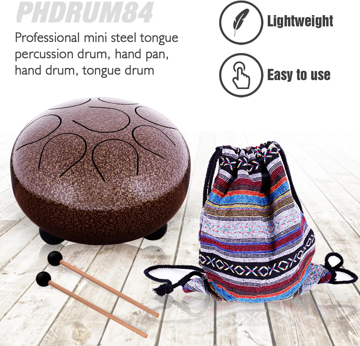 Pyle Steel Handpan Mini Tongue Drum - 8 Inch Hanging Intuitive Musical Instrument for Hand Percussion Beat - Meditating & Calming Music Includes Mallet Stick Rubber Ball on The Head & Bag Set