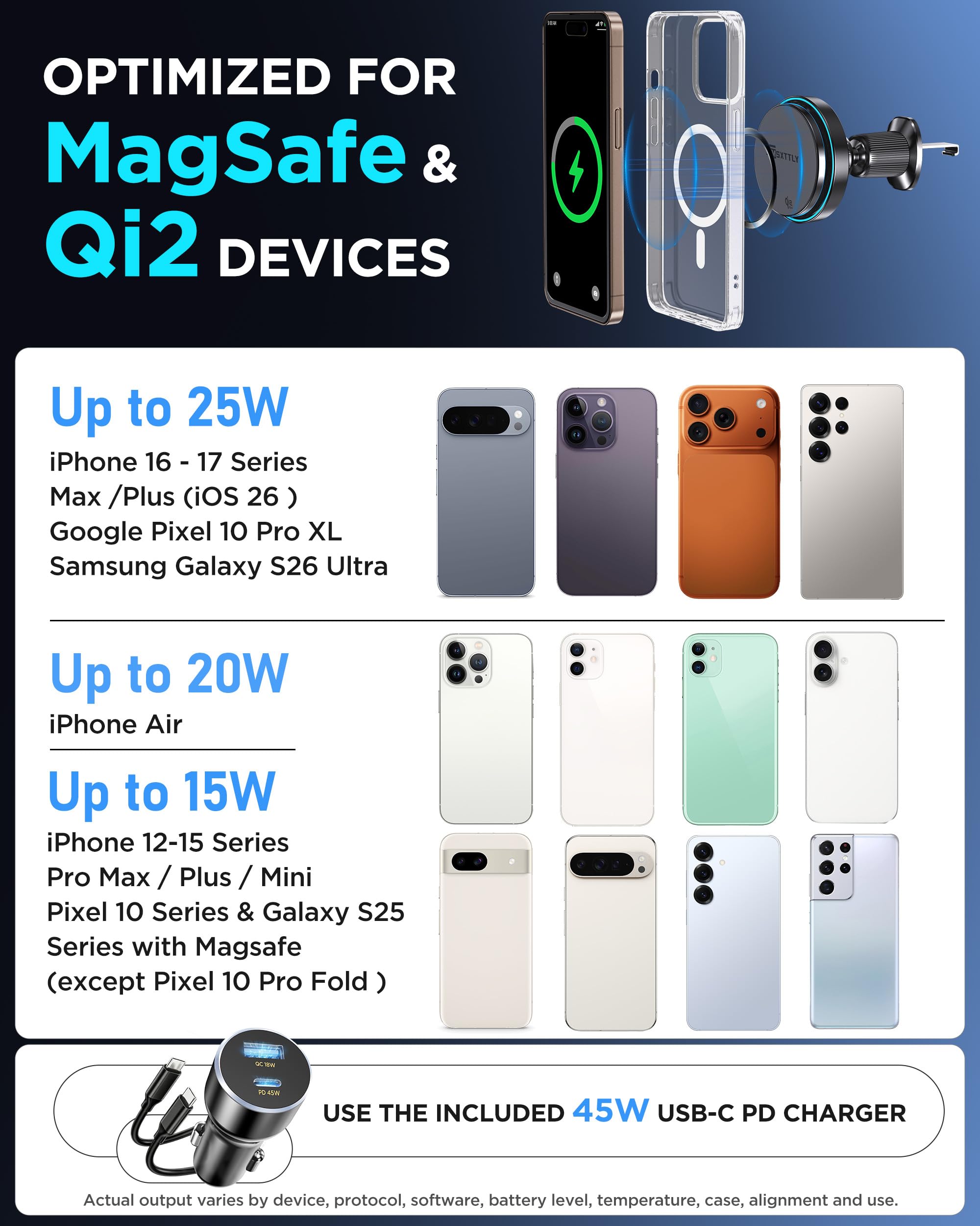 MSXTTLY Auto Ladegerät für MagSafe, 25W Qi2.2-Zertifiziert mit 63W Schnellladegerät, magnetische Handyhalterung fürs Auto für iPhone 17 Pro Max/17/16, Samsung Galaxy, Pixel