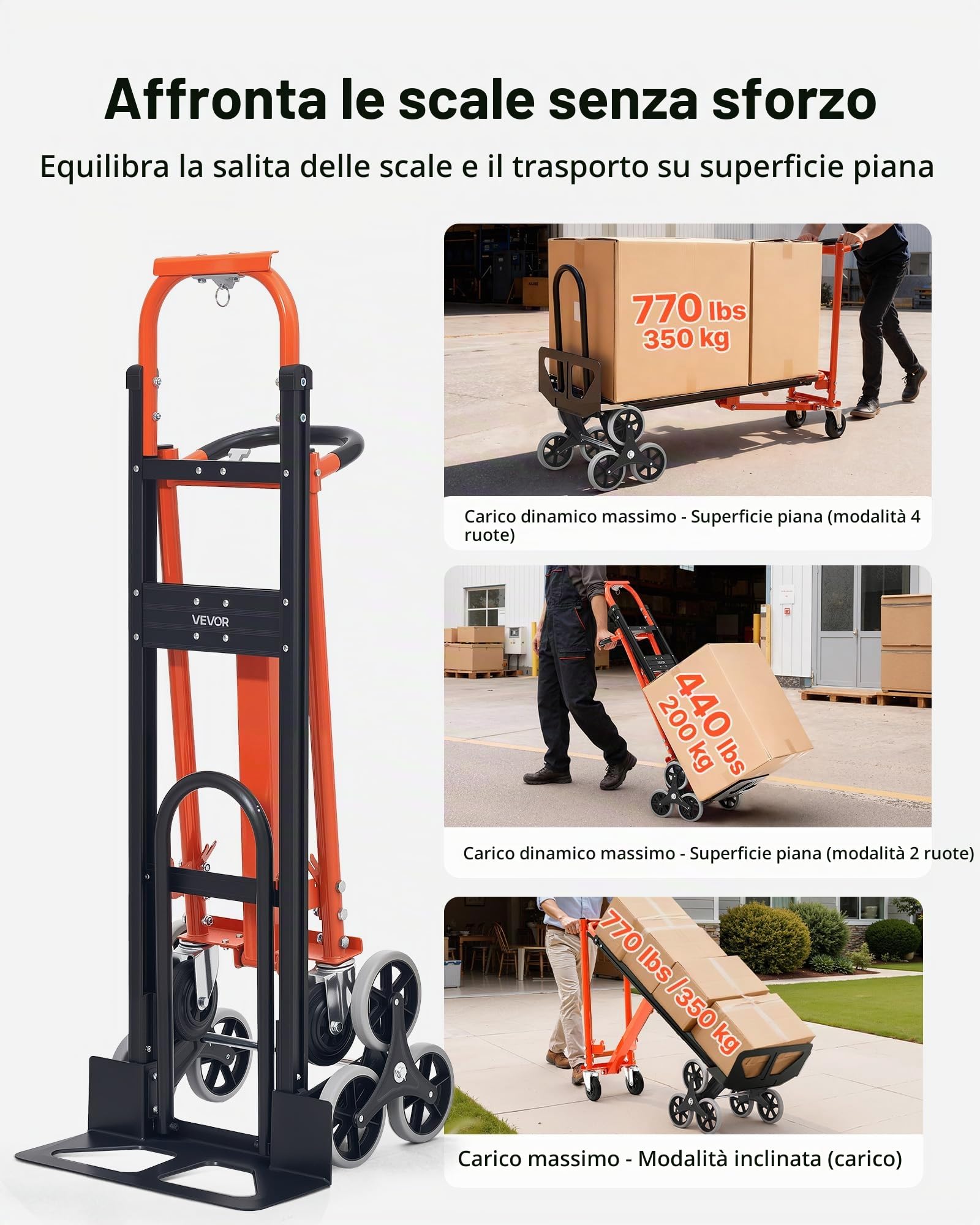 VEVOR Carrello a Scala Pieghevole per Traslochi, Carico Massimo 350 kg con Maniglia e Ruote, Carrello Multiuso per Salire le Scale per Trasporto e Trasloco, per Generi Alimentari, Magazzino