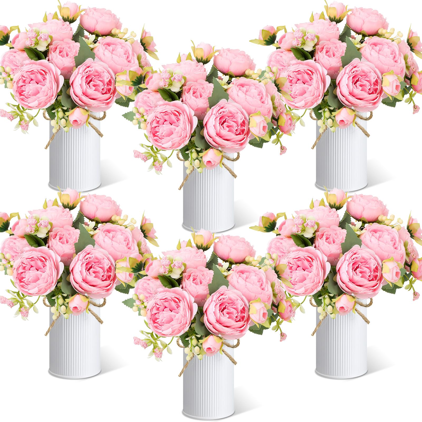 Solsew 6 Sets Artificial Peonies Flower Peony Bouquet with Galvanized Metal Pot Silk Fake Peonies Faux Flower Arrangements for Wedding Table