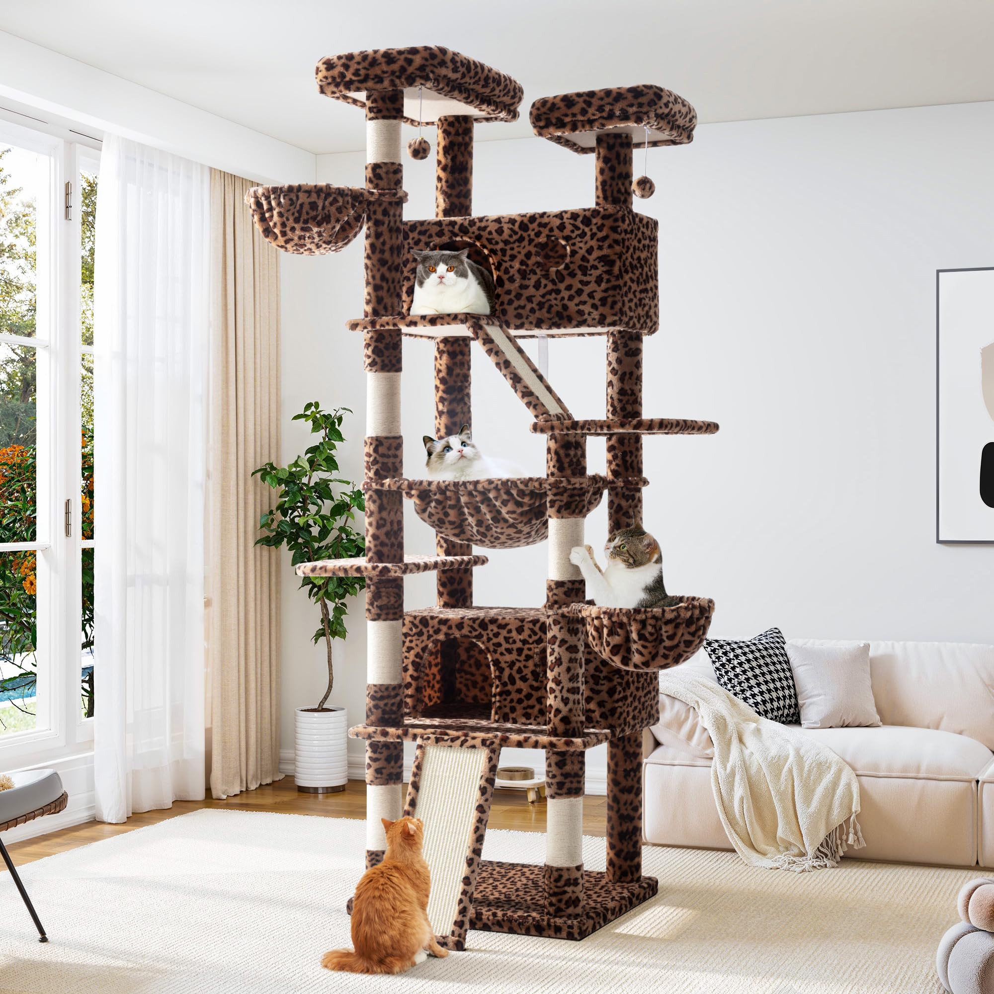 Allewie Cat Tree 205 cm High/Climbing House with Multiple Levels and Towers for Large Cats Condominium and Hammock Scratching Post, Wide Base, Leopard Print