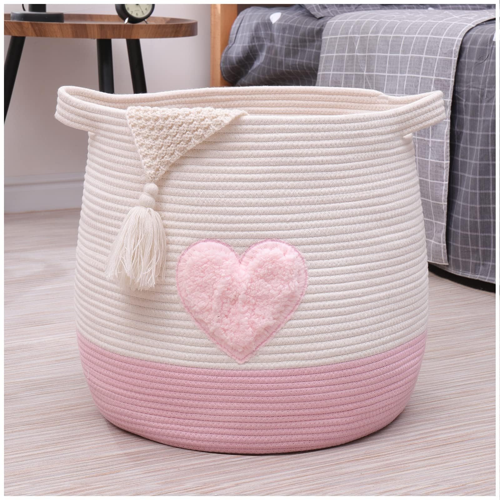Grand panier de rangement en corde de coton (45 x 43 cm), panier à linge tissé et panier de rangement de jouets pour chambre de bébé, rangement de couvertures avec poignées, cœur rose