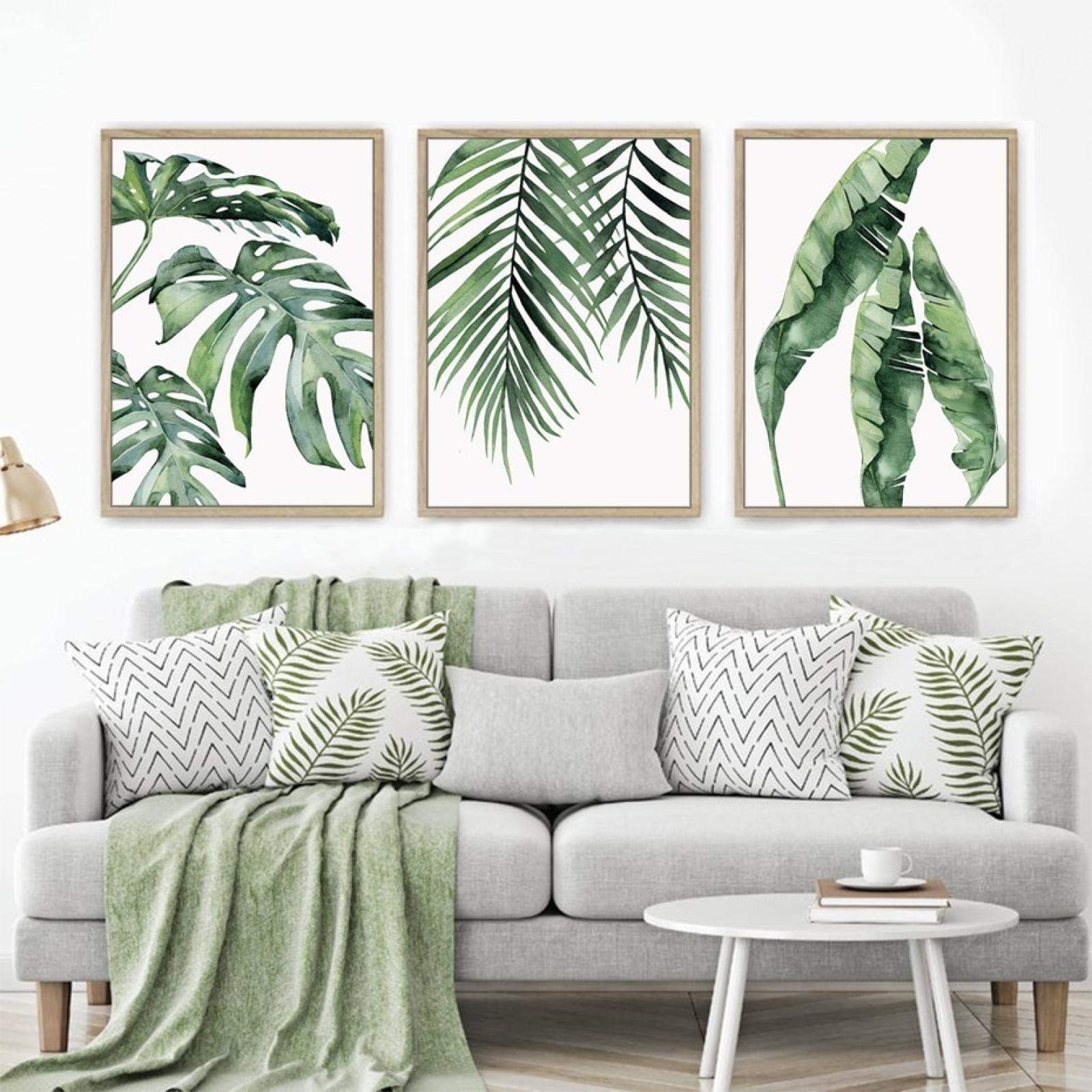 GLWDMB Watercolor Green Tropical Plants Turtle Leaves Canvas Painting Nordic Wall Art Pop Pictures Living Room Home Decor - Framed, 3 Pieces